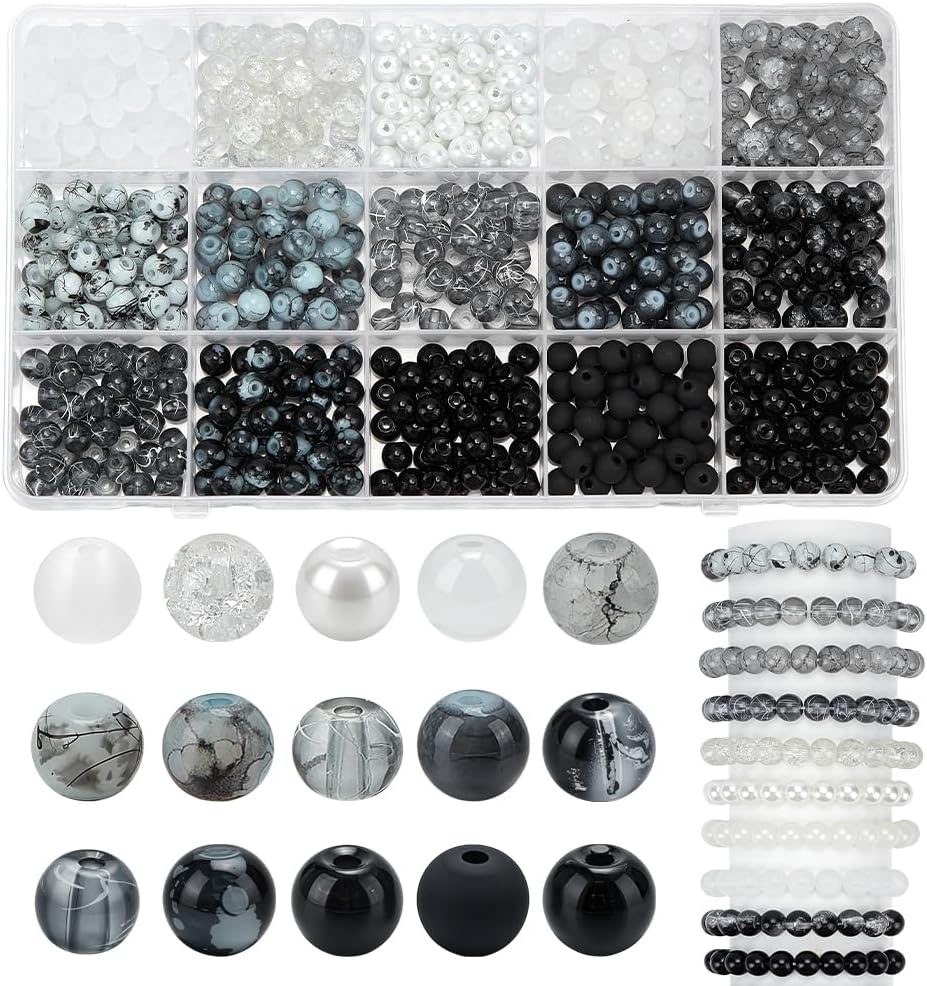 PH PandaHall 600pcs 6mm Black White Glass Beads 15 Styles Round Bracelet Beads Small Crackle Crystal Glass Bead Bulk Small Frosted Loose Jewelry Bead for Necklaces Bracelets Jewelry Making