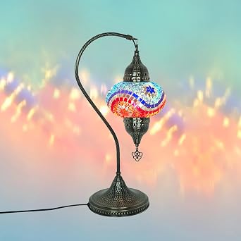 Elegant Tiffany Style Bedside Lamp Authentic Turkish Mosaic Table Lamp for Ambient Lighting, Perfect Boho Night Lights for Moroccan Decor, Glass Table Accent Blue Orange