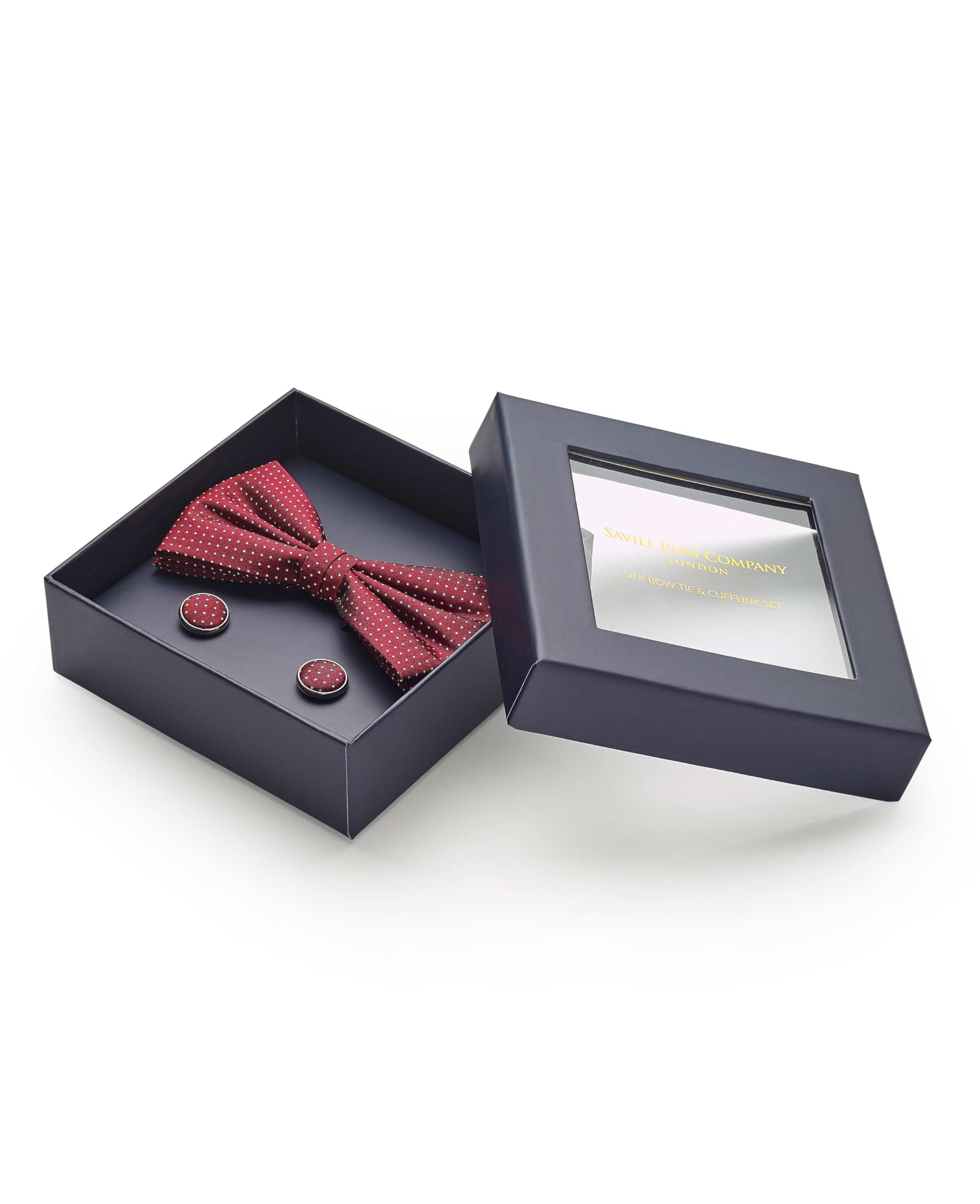 THE SAVILE ROW COMPANY LONDON Men's 100% Silk Ready Bow Tie & Cufflink Gift Set - Red Pinspot