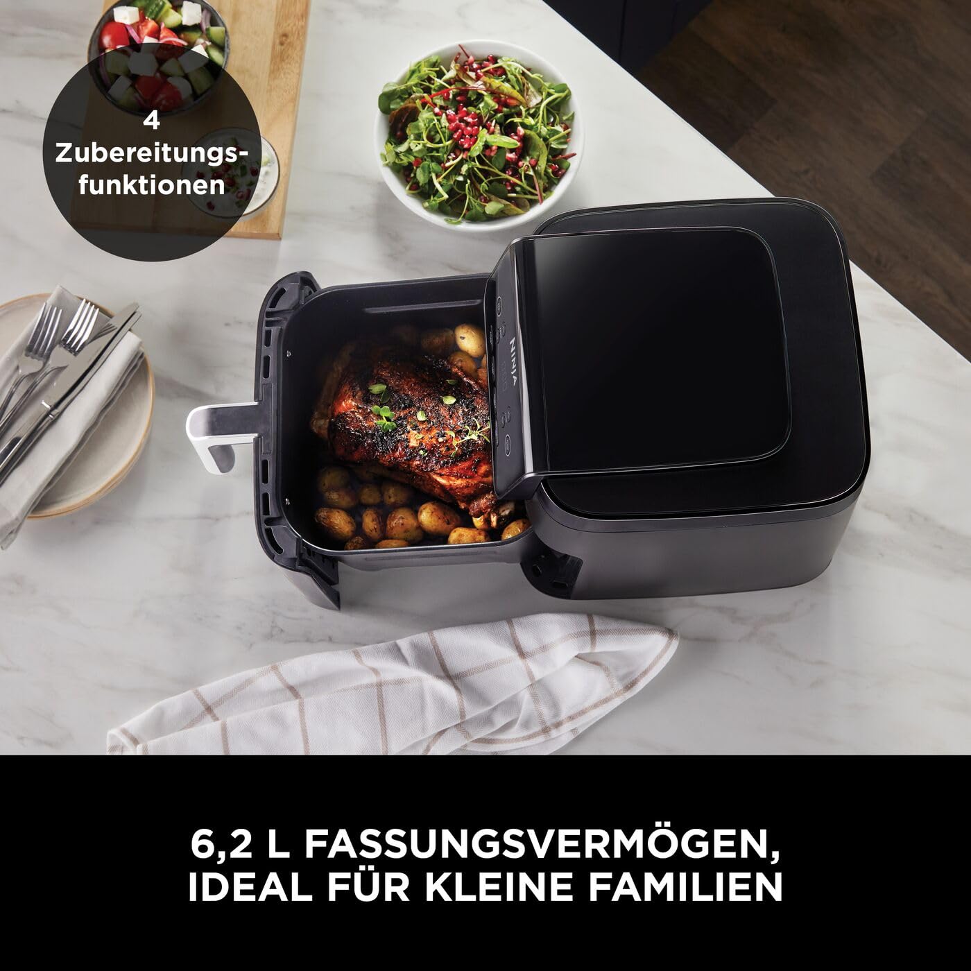 Ninja Heißluftfritteuse, 6,2 l, ohne Öl, große quadratische Schublade, Braten, Heißluftfrittieren, Dörren, Aufwärmen, digital, Antihaftbeschichtet, Spülmaschinengeeigneter Korb, Schwarz, AF170EU