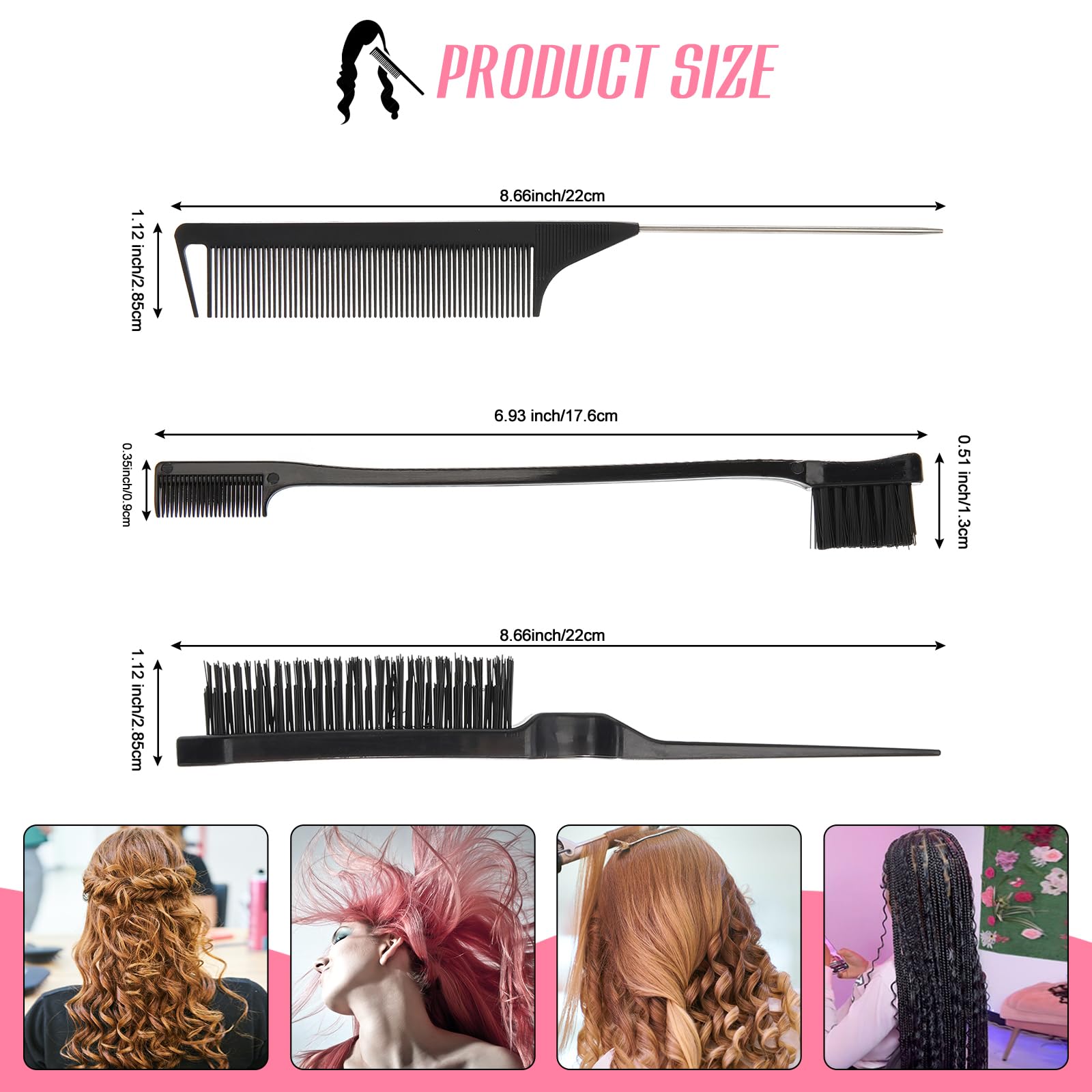 WOWANGEL 4PCS Hair Styling Brush Set - Teasing Brush, Rat Tail Comb, Edge Brushing Comb with Dual Design & Elastic Band for Wig Styling, Baby Hair Care, Edge & Back Slicking -Salon Tools(Black)