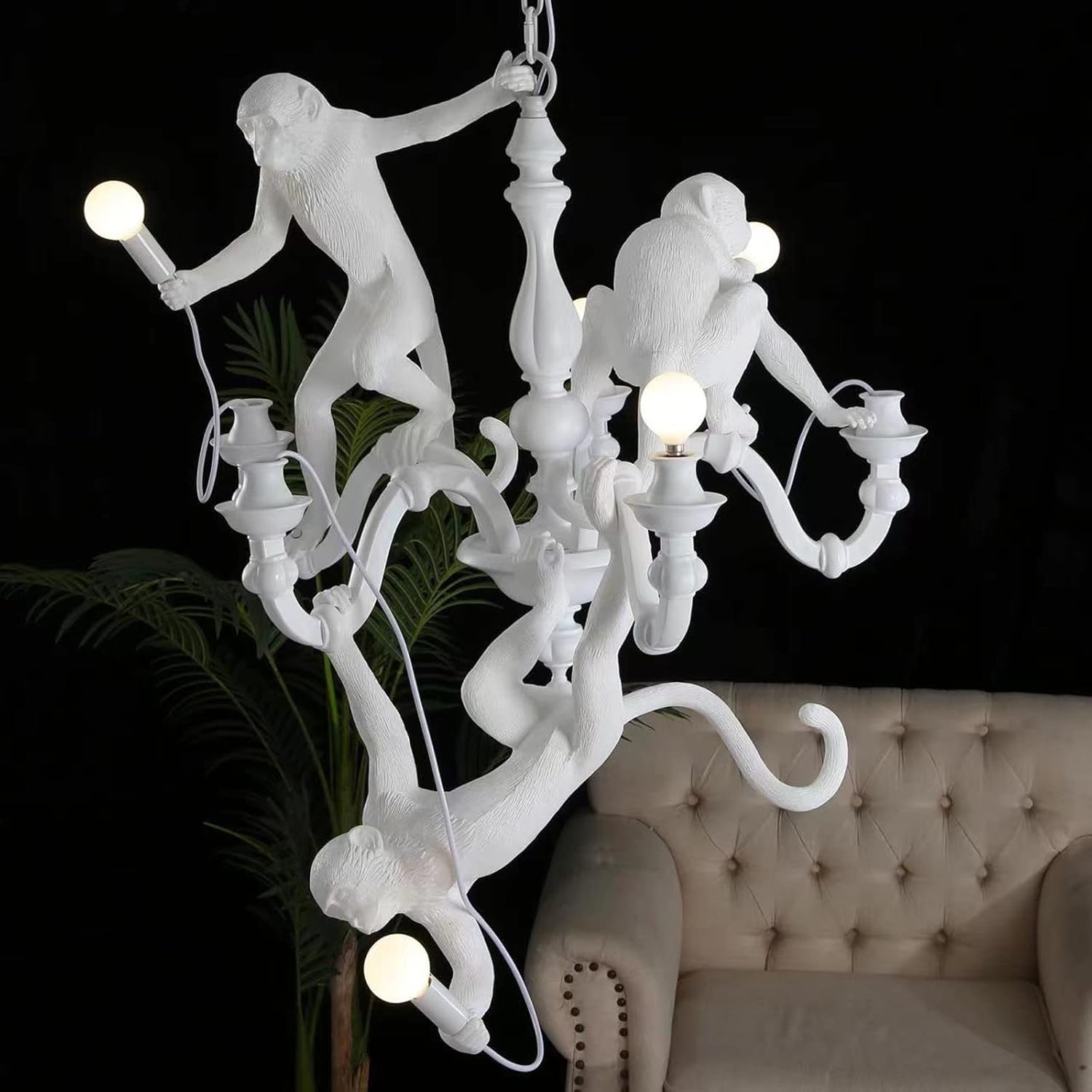5-Lights Three Monkeys Chandelier Lighting Modern Art Resin White Monkey Hanging Lamps for Living Room Villa Hall Lobby Bar, Large Animal Decor Light Fixture (White Monkeys lamp)