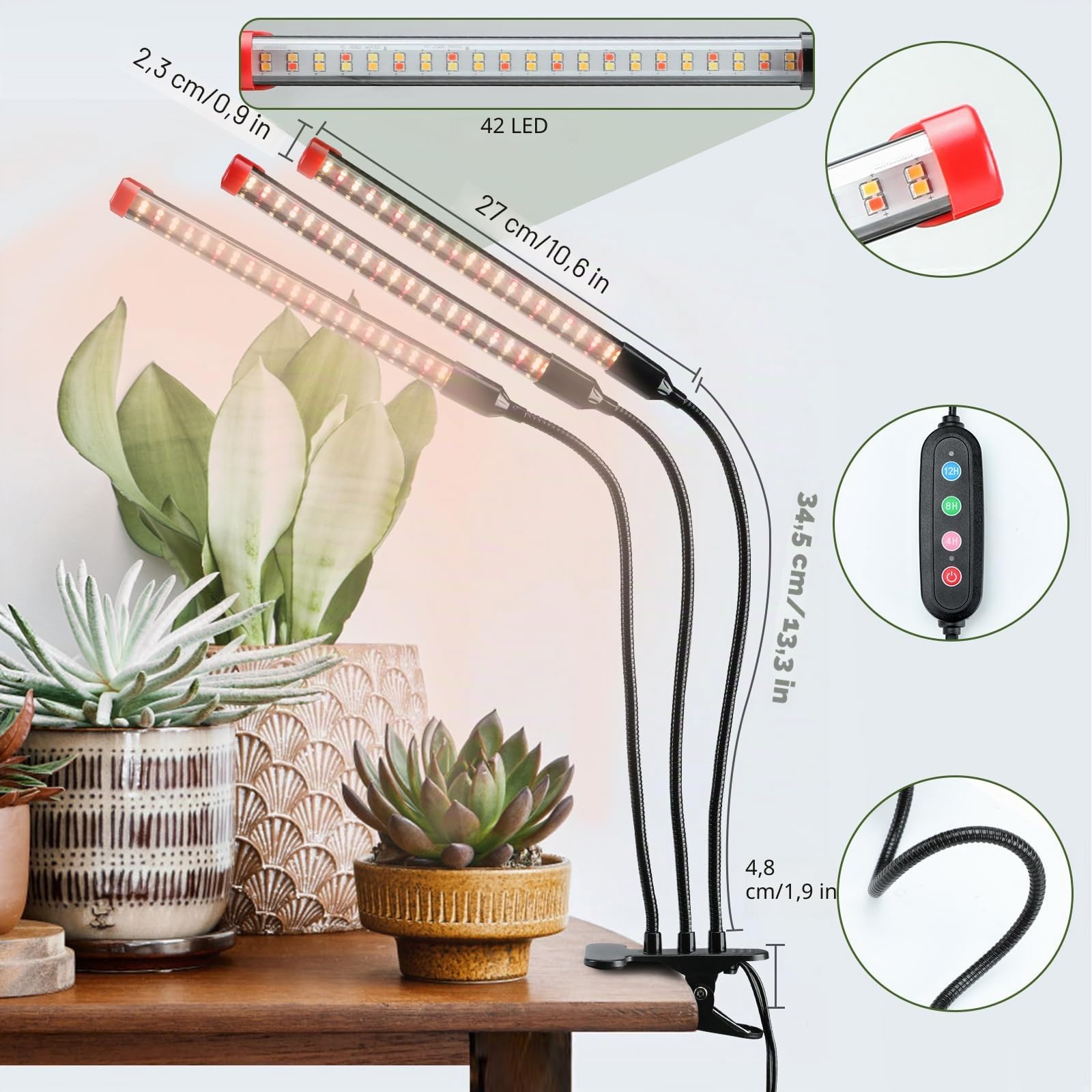 FECiDA Lampe de Croissance de Plantes d'intérieur 3000 lumens 27W, 2024 le plus Récent Clip Lampe de Croissance de Plantes d'intérieur, Lampe Végétale à Spectre Complet avec minuterie 4,8,12 Heures