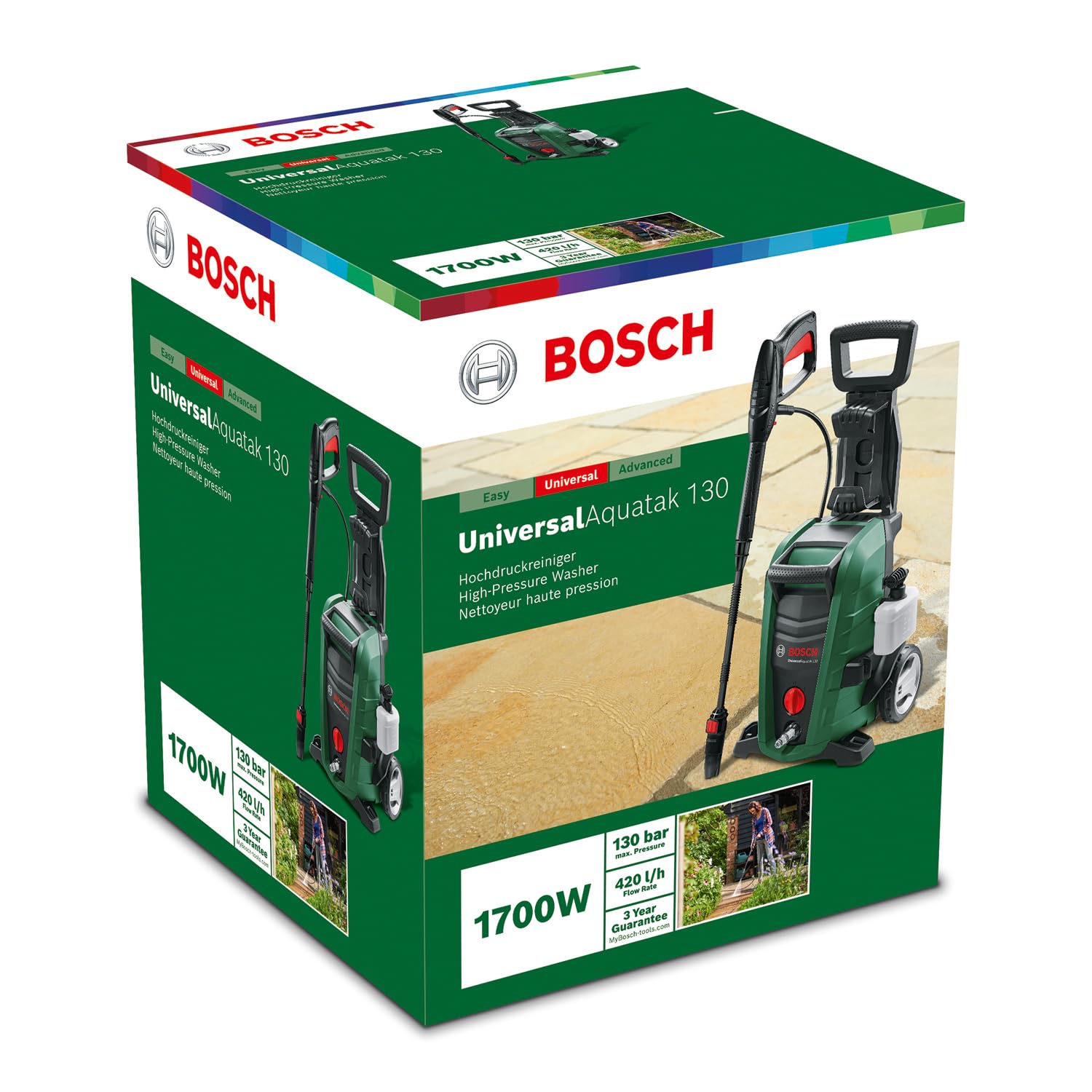 Bosch Hidrolimpiadora de Alta presión UniversalAquatak 130 | 130 bar de presión y 380 L/h (1700 W); incluye 2 boquillas, pistola, filtro, manguera de 6 m y cable de 5 m