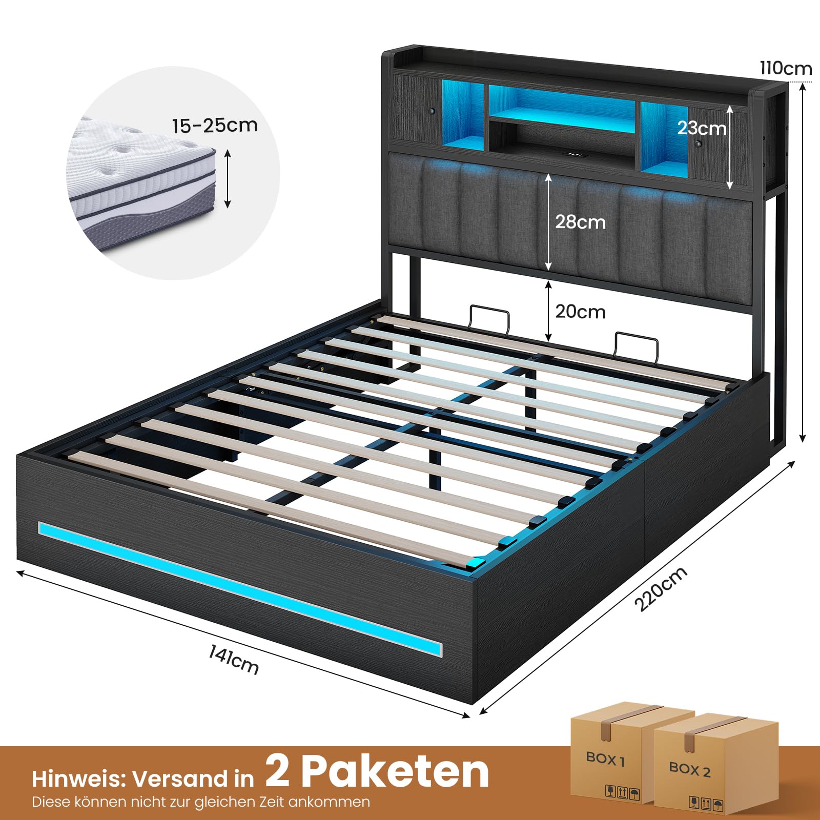 AOGLLATI Bett 140x200 mit Hydraulischem Stauraum & Kopfteil Stauraum Polsterbett Jugendbett mit LED Beleuchtung und Ladestation Doppelbett Bettgestell mit Lattenrost aus Holz(Schwarz, 140x200cm)