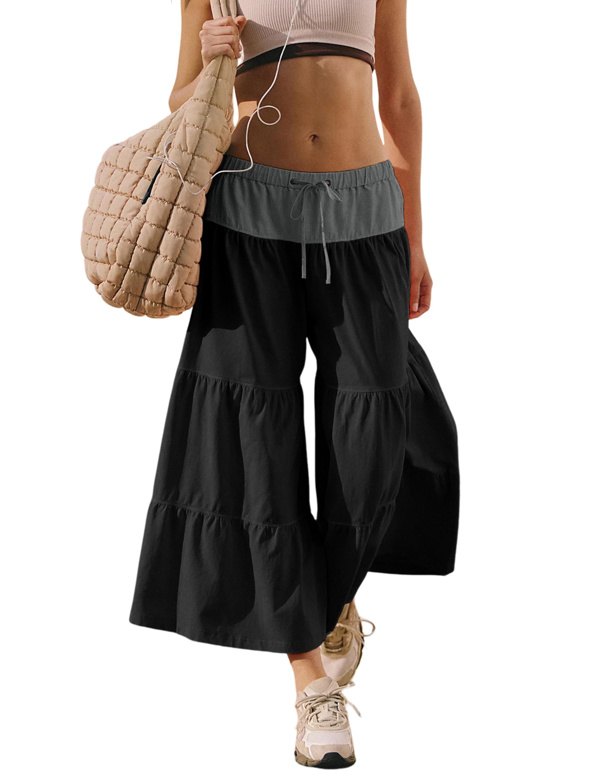 WEQULE Womens Casual Loose Wide Leg Pants Flowy Drawstring Waist Cropped Pants with Pockets