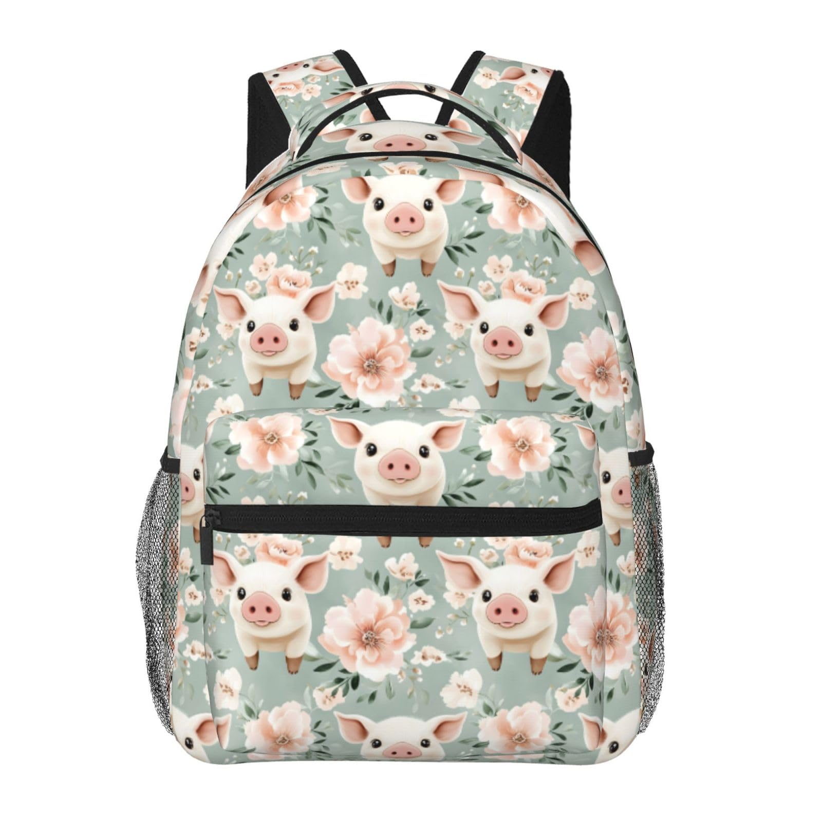Floral Pig Casual Backpack, Lightweight Laptop Bag Daypack, Flower and Animal Backpacks for Women Girls Teens Students, Cute Cartoon Polyester Bookbag Gifts for School Work Travel Hiking