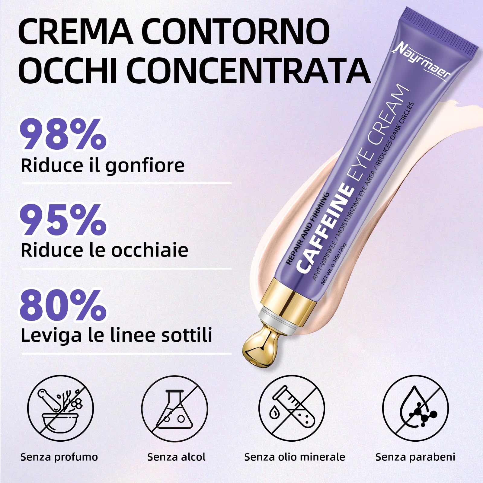 Crema Contorno Occhi alla Caffeina 20g, Riduce le Occhiaie e il Gonfiore, Contiene Niacinamide e Acido Ialuronico, Idratante, Adatta a Tutti i Tipi di Pelle