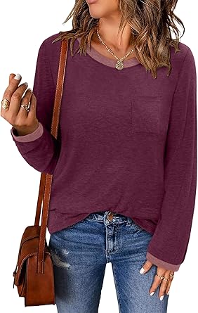 ONLYSHE Women's Casual Striped Long Sleeve Tops Crew Neck Knit Basic Loose Fit T Shirts Fall Fashion Tunic Outfits