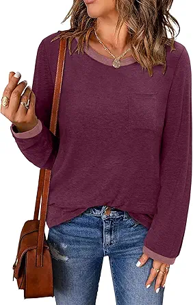 ONLYSHE Women's Casual Striped Long Sleeve Tops Crew Neck Knit Basic Loose Fit T Shirts Fall Fashion Tunic Outfits