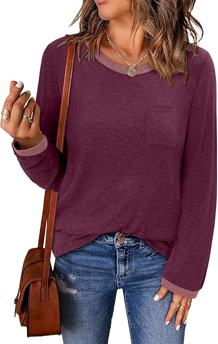 ONLYSHE Women's Casual Striped Long Sleeve Tops Crew Neck Knit Basic Loose Fit T Shirts Fall Fashion Tunic Outfits