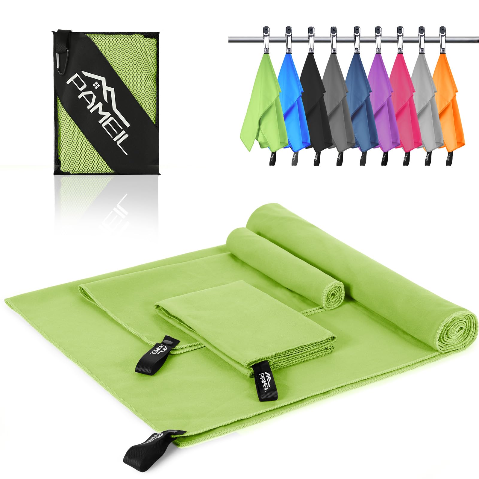 Pameil Microfibre Towel,3 Set(80 x 40cm x2 +160 x 80cm) Large Microfibre,Quick Dry Towel,Gym Workout Travel Swimming Beach Camp Outdoor Hiking (Green)