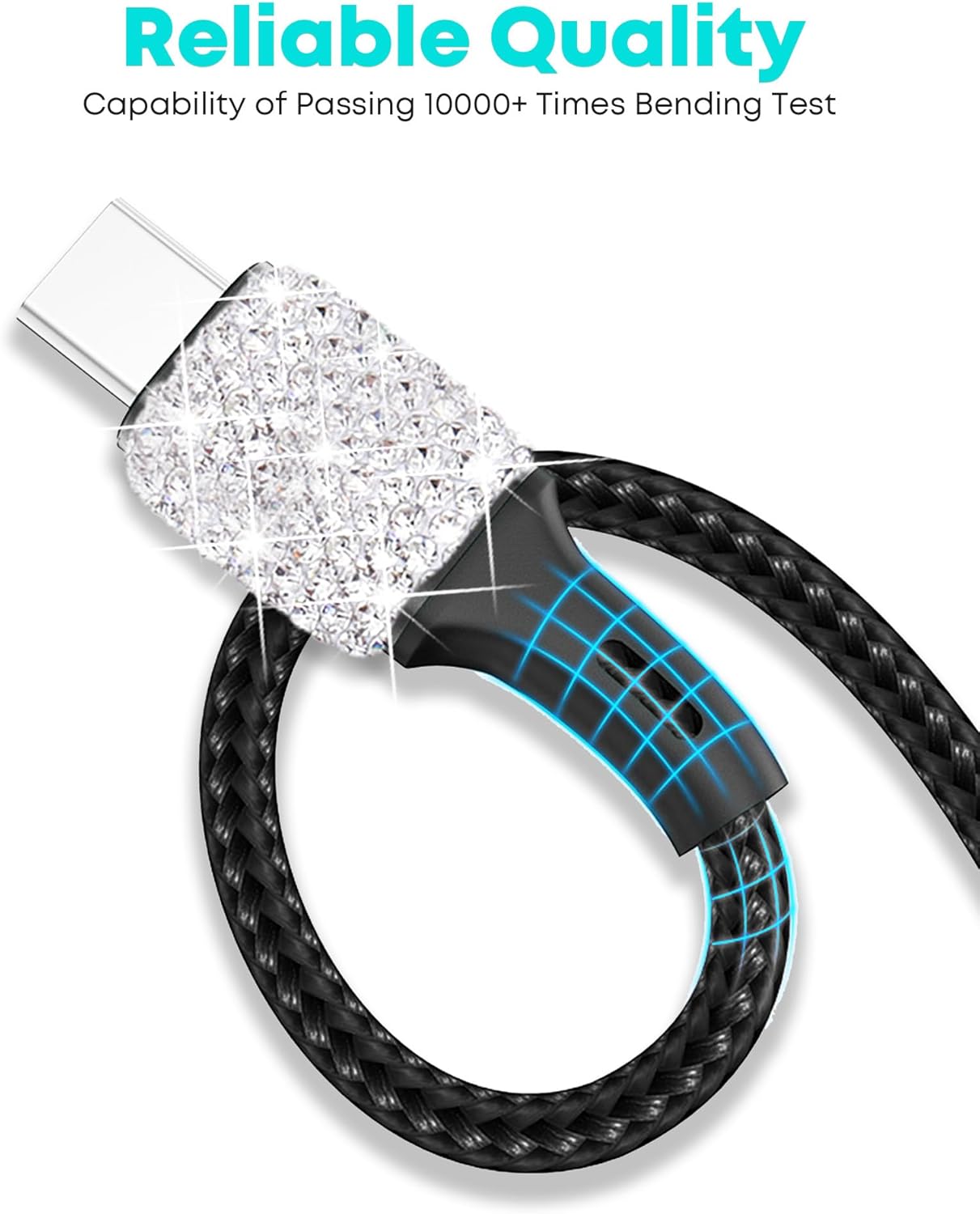 Bling USB Car Charger 5V 2.4A White Crystal Decor Dual Port Fast Adapter with 4ft Nylon Type C Micro USB 3 in 1 Multi Charging Cable for iPhone iPad Android, Auto Interior Accessories for Women - Image 5