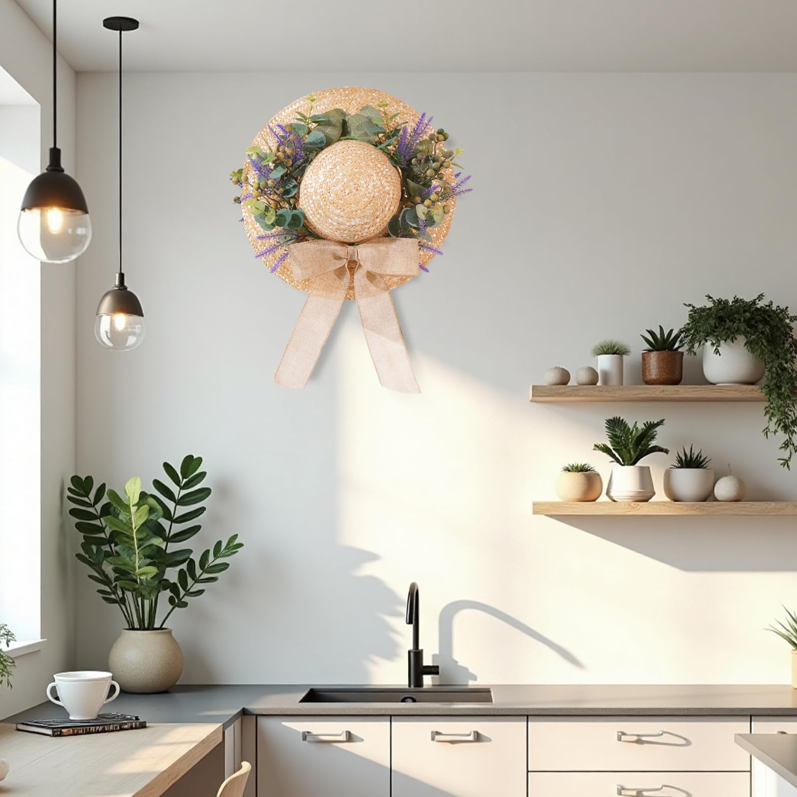 Dilicoming Frühlings-Eukalyptus-Kränze für Haustür, 40,6 cm, Sommer-Herbst-Strohhut-Kranz mit Schleife, Frauen-Geschenk, für Innen- und Außenbereich, Kränze für Wand, Fenster, Bauernhaus, Party