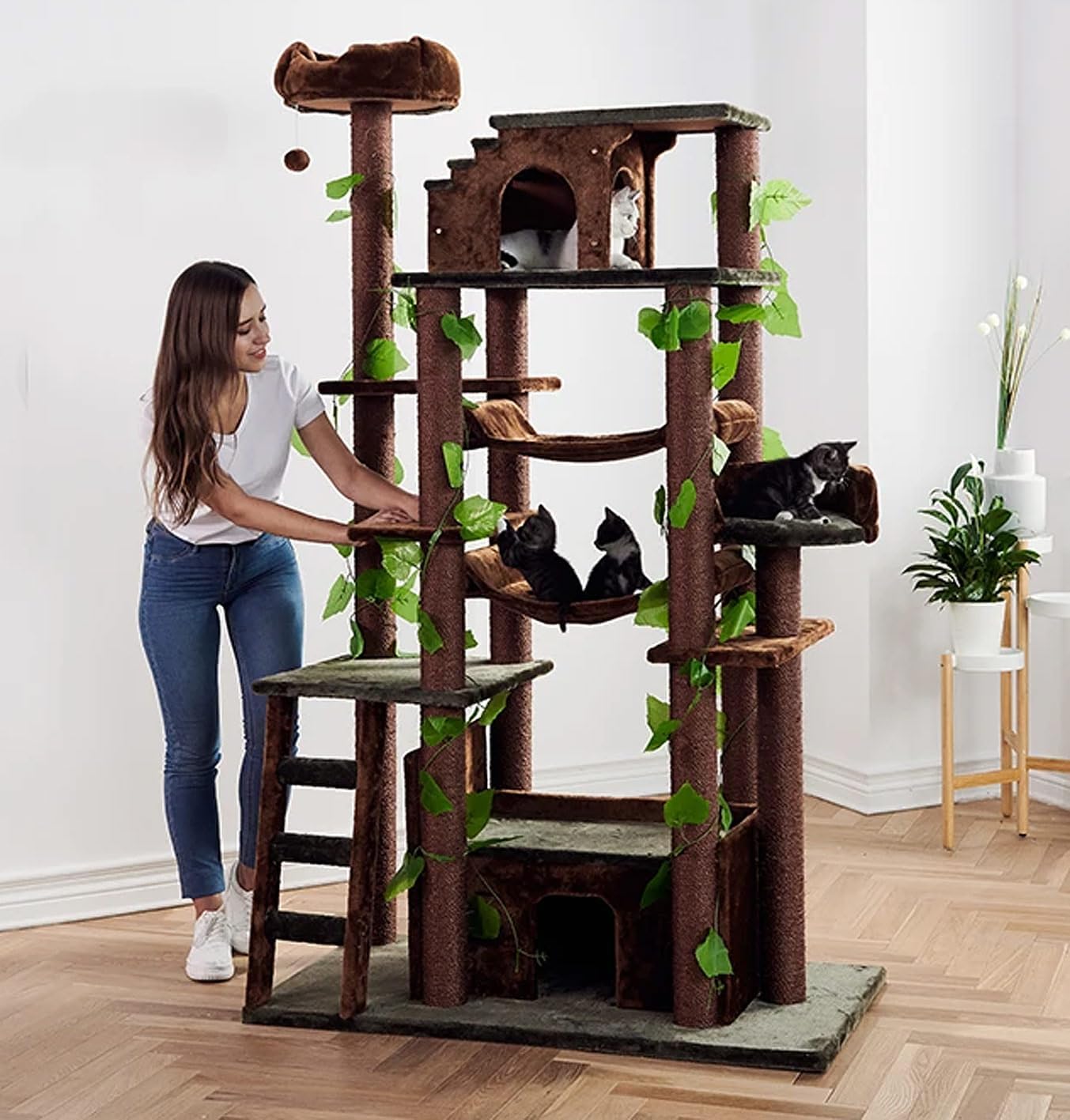 CozyCatFurniture XXL Cat Tree for Indoor Cats with Two Large Hammocks, Extra Wide Condo and Sisal Scratching Posts, Green/Brown
