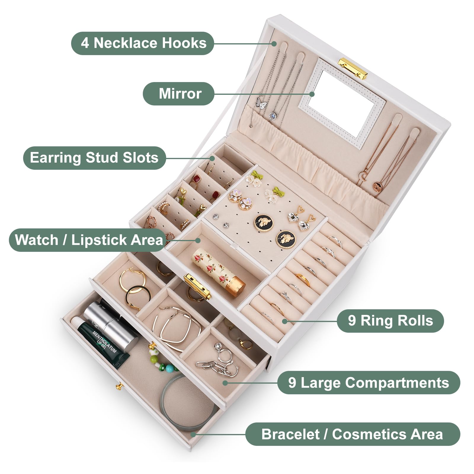 Caja Joyero de 3 Niveles,Joyeros Mujer Organizador,Estche de Joyería,Organizador Joyas Cuero PU con 2 Cajones,Incluye 1borla y 3 paño para pulir plata para Pendientes,Anillos,Collares