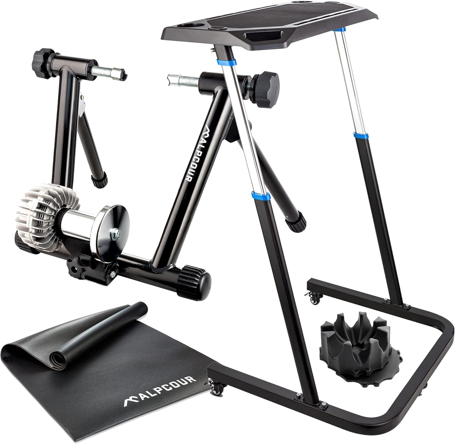 Alpcour Fluid Bike Trainer Stand for Indoor Riding – with Bike Trainer Fitness Desk – with 36"x78" Bike Trainer Mat – with Bike Trainer 4-Tier Riser Block for Front Wheel with Anti-Skid Design