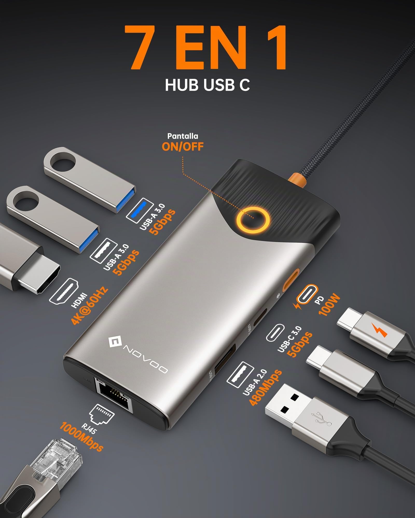 NOVOO USB C Hub, 7-en-1 Dock con HDMI 4K@60Hz, 1Gbps Ethernet, 100W PD Carga, Puertos USB-A/C 5Gbps, Estación Docking Compatible para MacBook, iPad, iPhone, DELL, HP, Surface