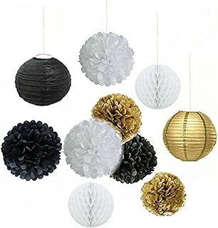 Fascola Set of 10 Pcs Mixed Gold Black White Party Decor Kit Paper Lantern Paper Honeycomb Balls Tissue Pom poms Flower Themed Party Hanging Decoration Favor for Birthday,Wedding, Christening