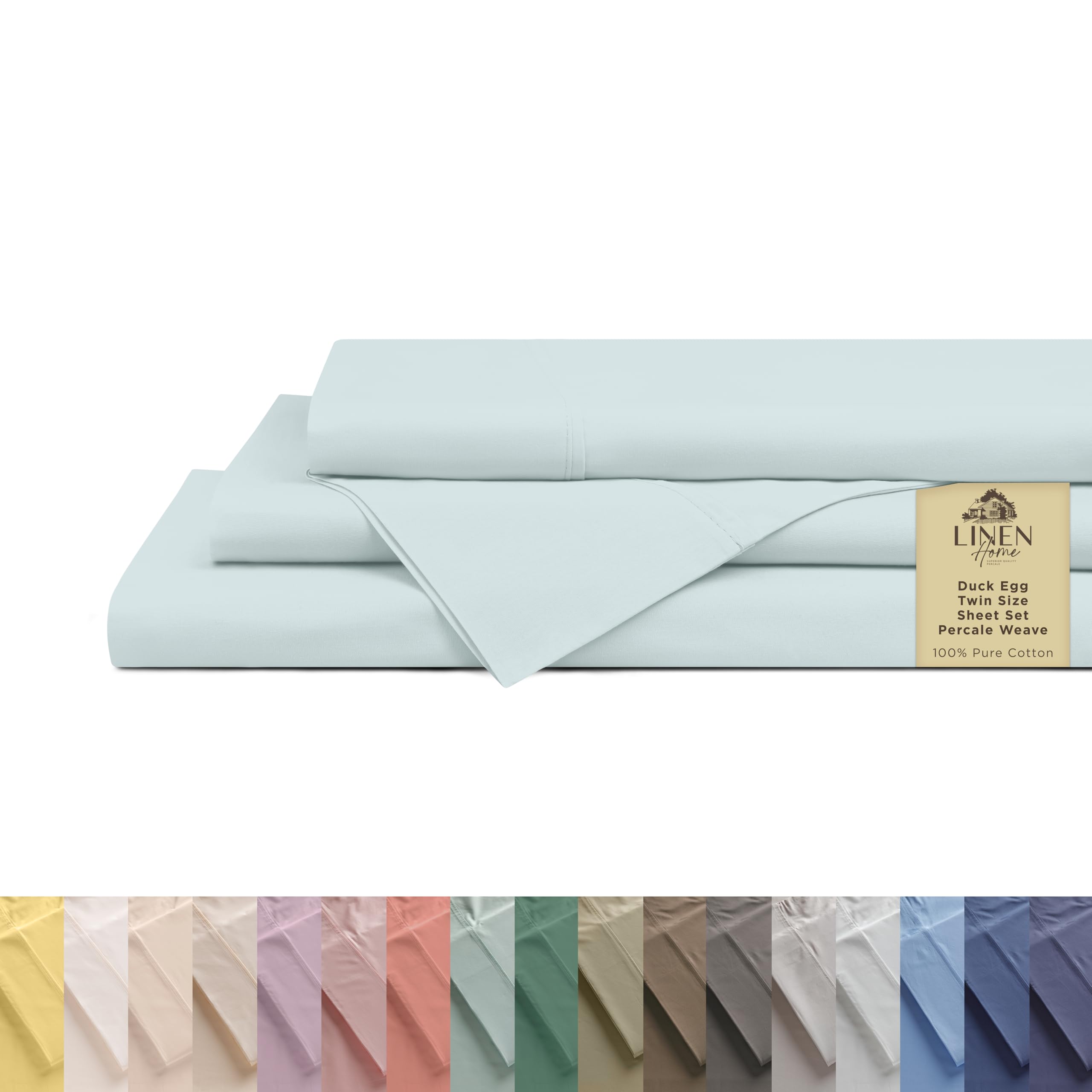 Linen Home 100% Cotton Percale Sheets Twin Size, Blue Duck Egg, Deep Pocket, 3 Pieces Set- 1 Flat, 1 Fitted and 1 Pillowcase, Crisp Cool and Long Staple Strong Bed Linen