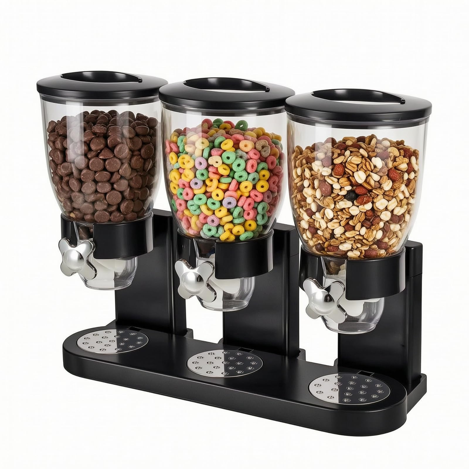 Triple Cereal Dispenser Countertop, 6L Large Capacity Cereal Container Dispenser with Rotary Knob for Portion Control, Airtight Dry Food Storage for Rice, Candy, Nuts, Beans, Granola, Pet Food