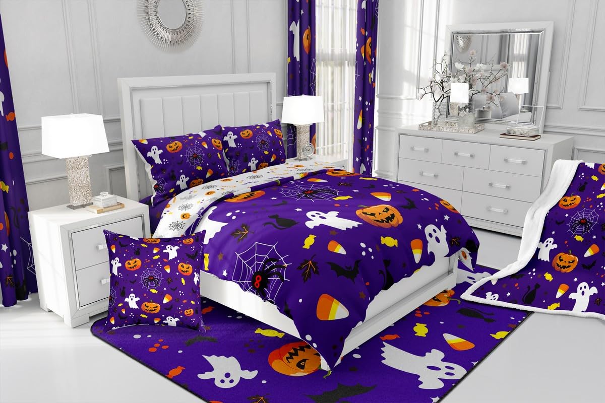 Podwójna poszewka na kołdrę na Halloween, zestaw pościeli z dynią dla dzieci dziewcząt chłopców nastolatków dorosłych, duch gotycki upiorny pokrowiec na kołdrę pająk nietoperz cukierki narzuta na
