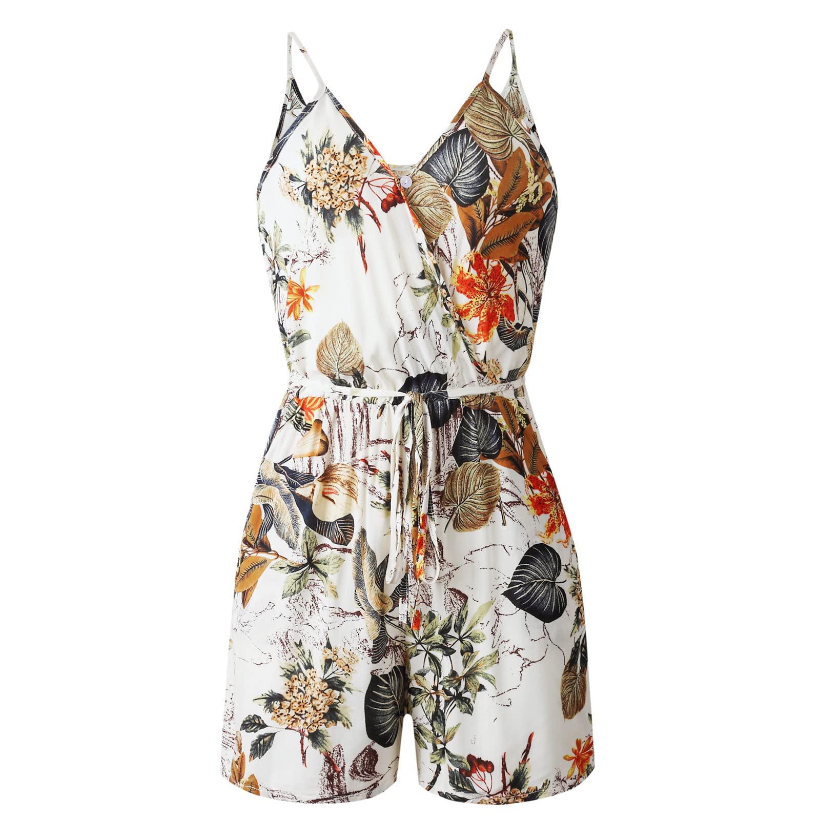Tswrk Women's Beige A Floral Jumpsuit Halter Tie Ankle Split Leg Sleeveless Rompers Shot Playsuit For Summer Beach Holiday