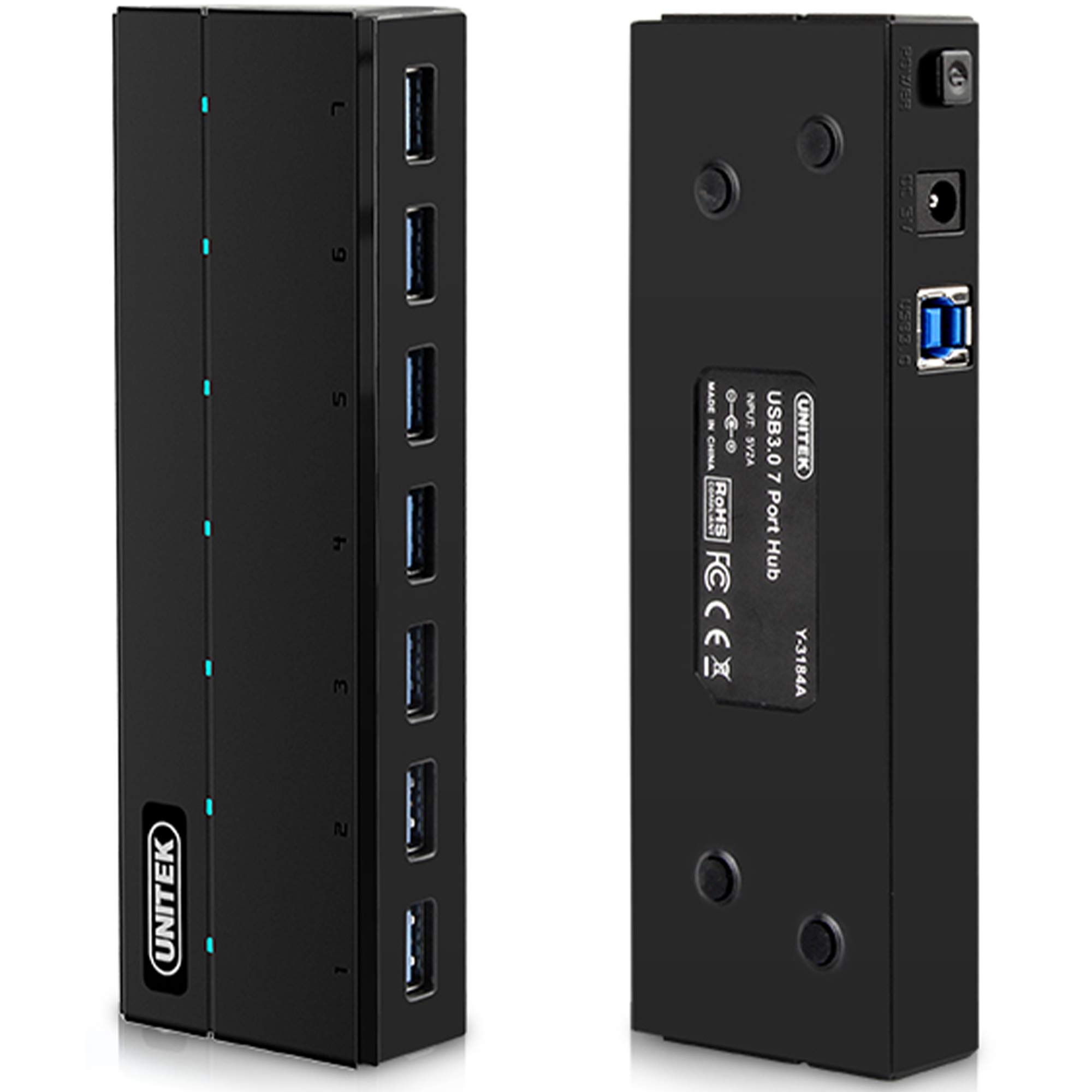 UNITEK Hub 7 porte USB 3.0 attivo con alimentazione, distributore multiplo di hub dati per PC, laptop, tastiera, mouse, stampante, compatibilità iOS (Mac) + Windows, Plug&Play, Nero
