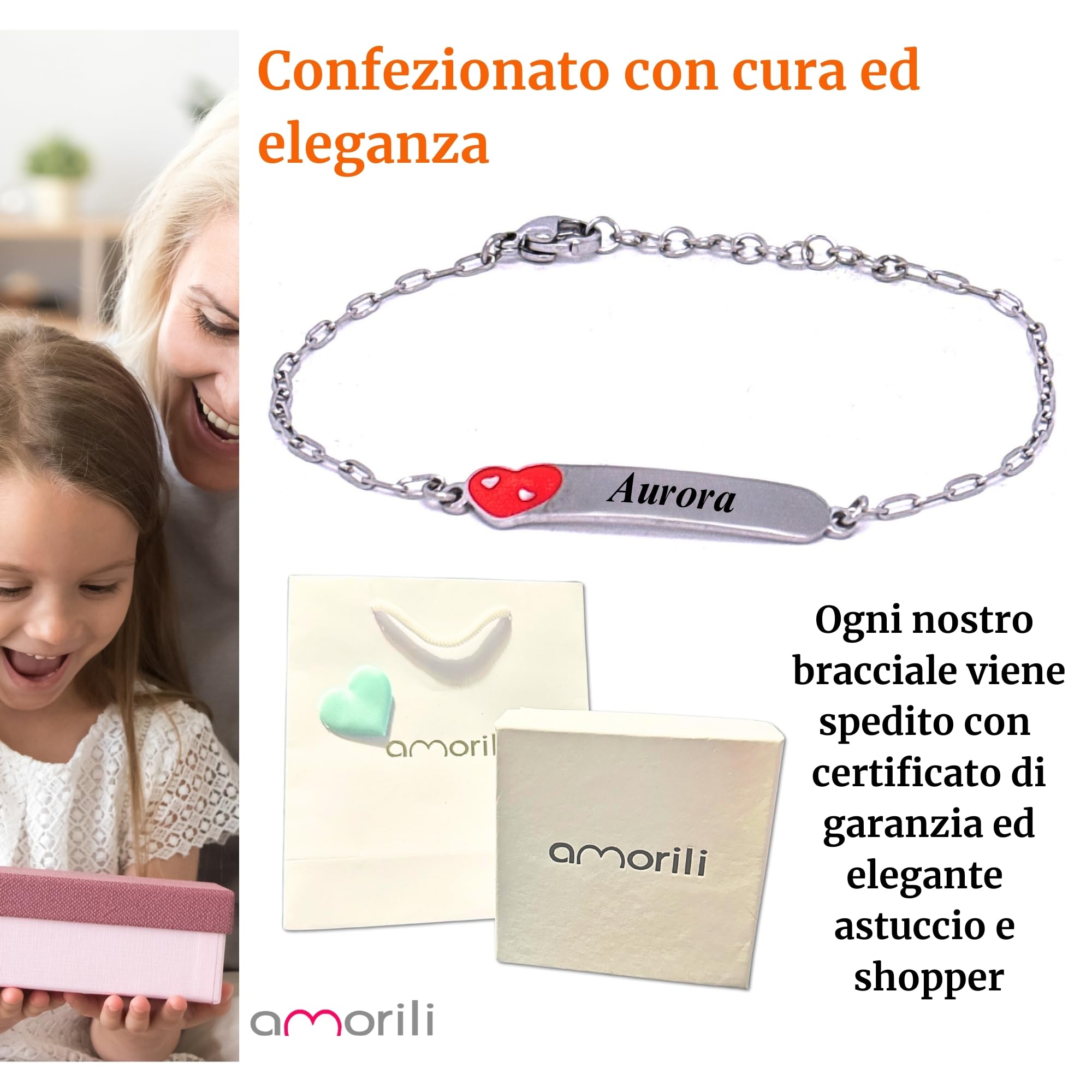 amorili Bracciale Bambina Personalizzato con Nome - Cuore in Acciaio Inox Anallergico - Regalo Bimba per Compleanno, Battesimo, Comunione - Gioiello con Incisione Gratuita bcc3111