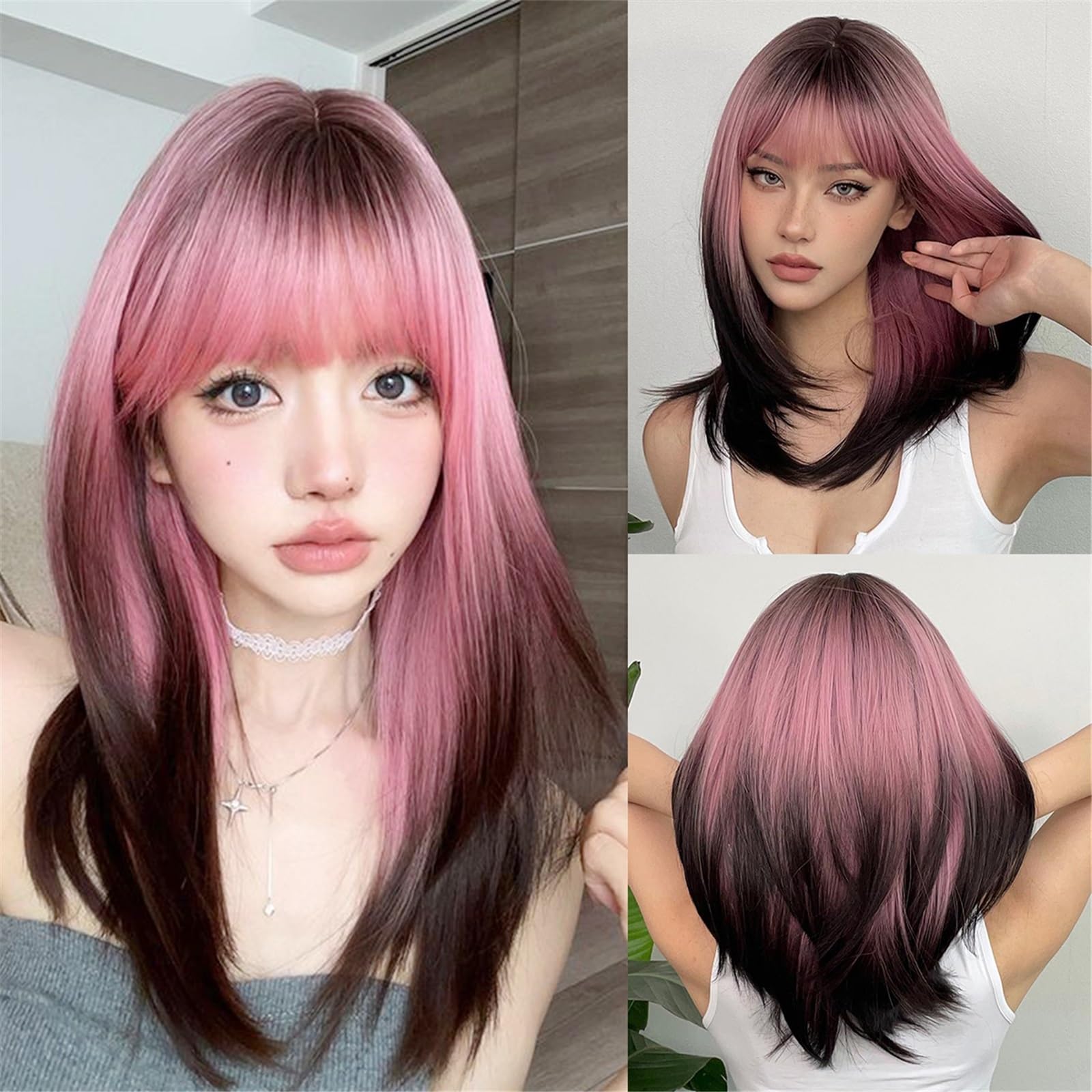 Acconciatura femminile Parrucche sintetiche Ombre rosa nere con capelli da festa cosplay frangia
