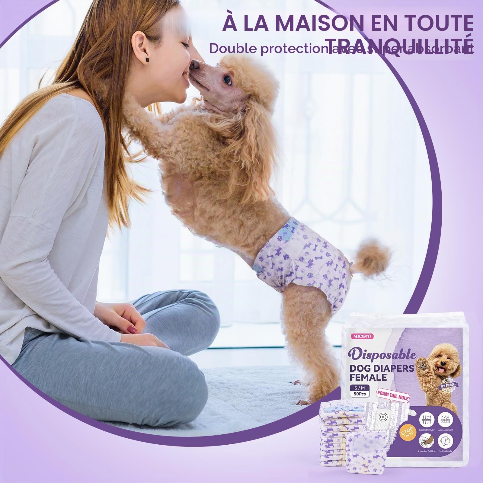 MICOOYO Couche pour Chien Femelle, Couches Jetables pour Chiennes avec Ouverture de Queue Réglable, Couche Chat pour Chats, Chiots, Chiots en Saison (50, S)