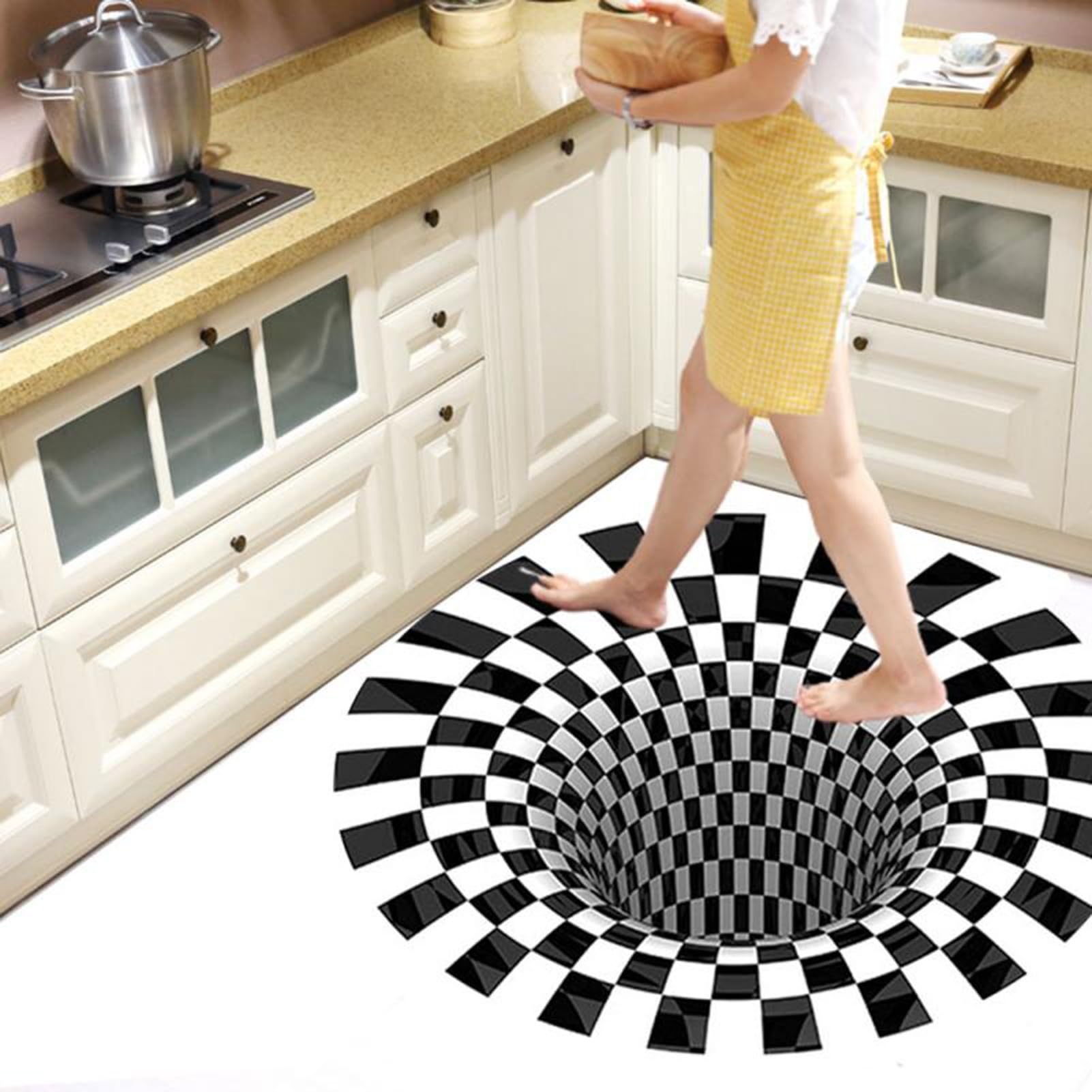 Tapis 3D noir et blanc trou sans fond pour transformer l'ambiance de votre cuisine