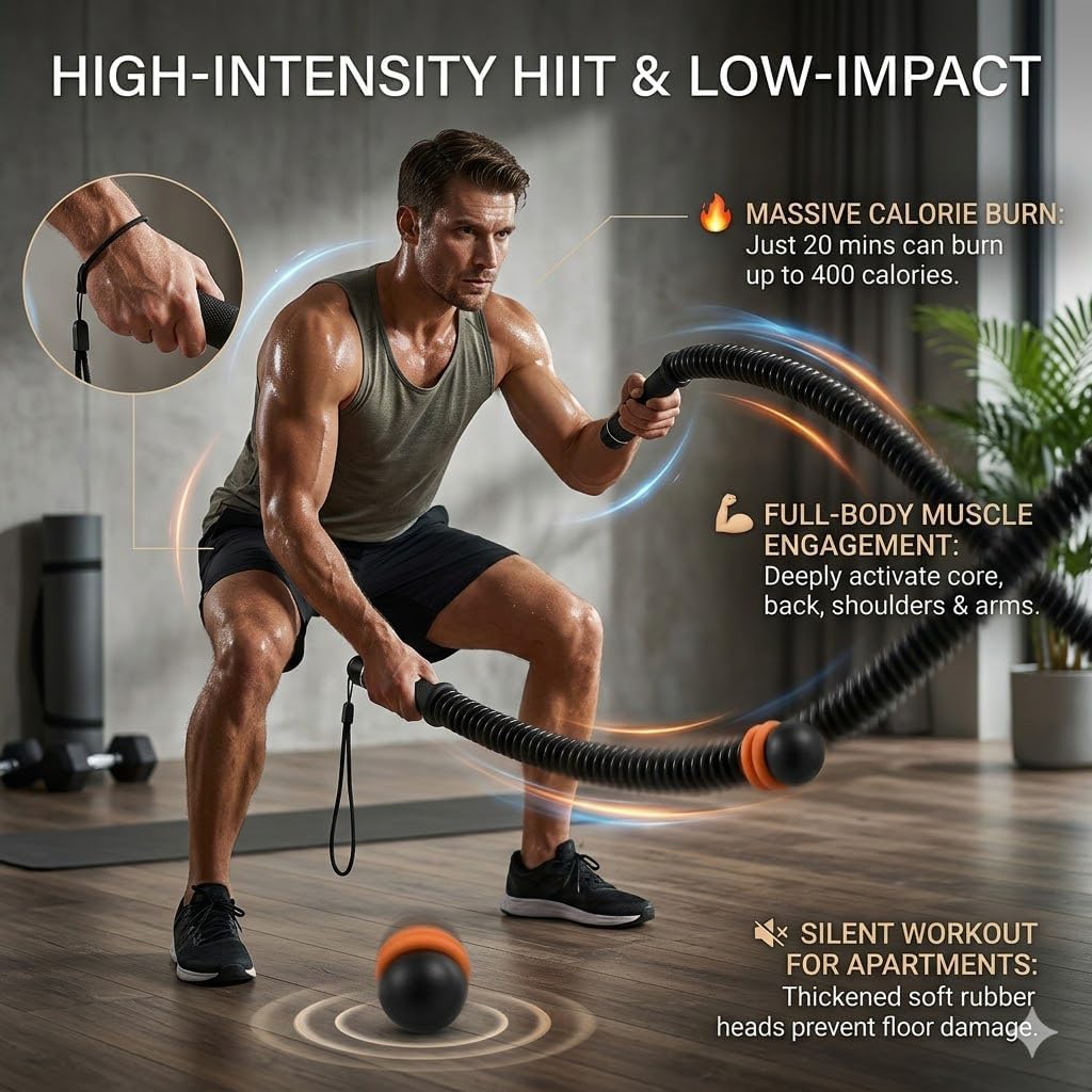 Ropeless Battle Ropes Adjustable Weight,Integrated Anti-Drop Handles & Floor-Protective Soft Rubber Heads,High Calorie Burn for Men & Women, Fitness Equipment for HIIT & Low-Impact Aerobic Training