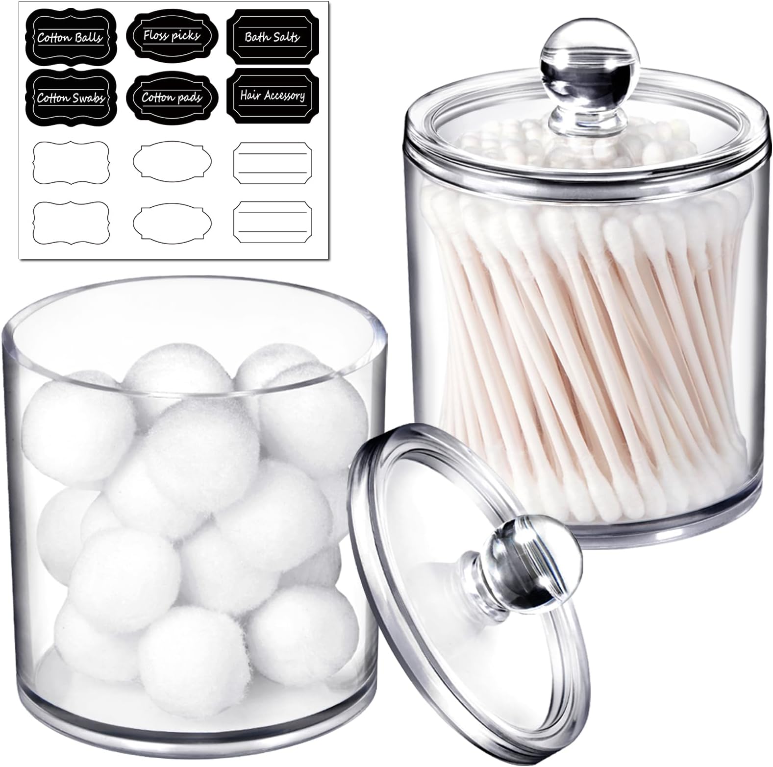 SheeChung 2 Pack Qtip Dispenser Apothecary Jars Bathroom With Labels - Holder Storage Canister Clear Plastic Acrylic Jar for Cotton Ball, Swab, Q-tips, Rounds (Small)