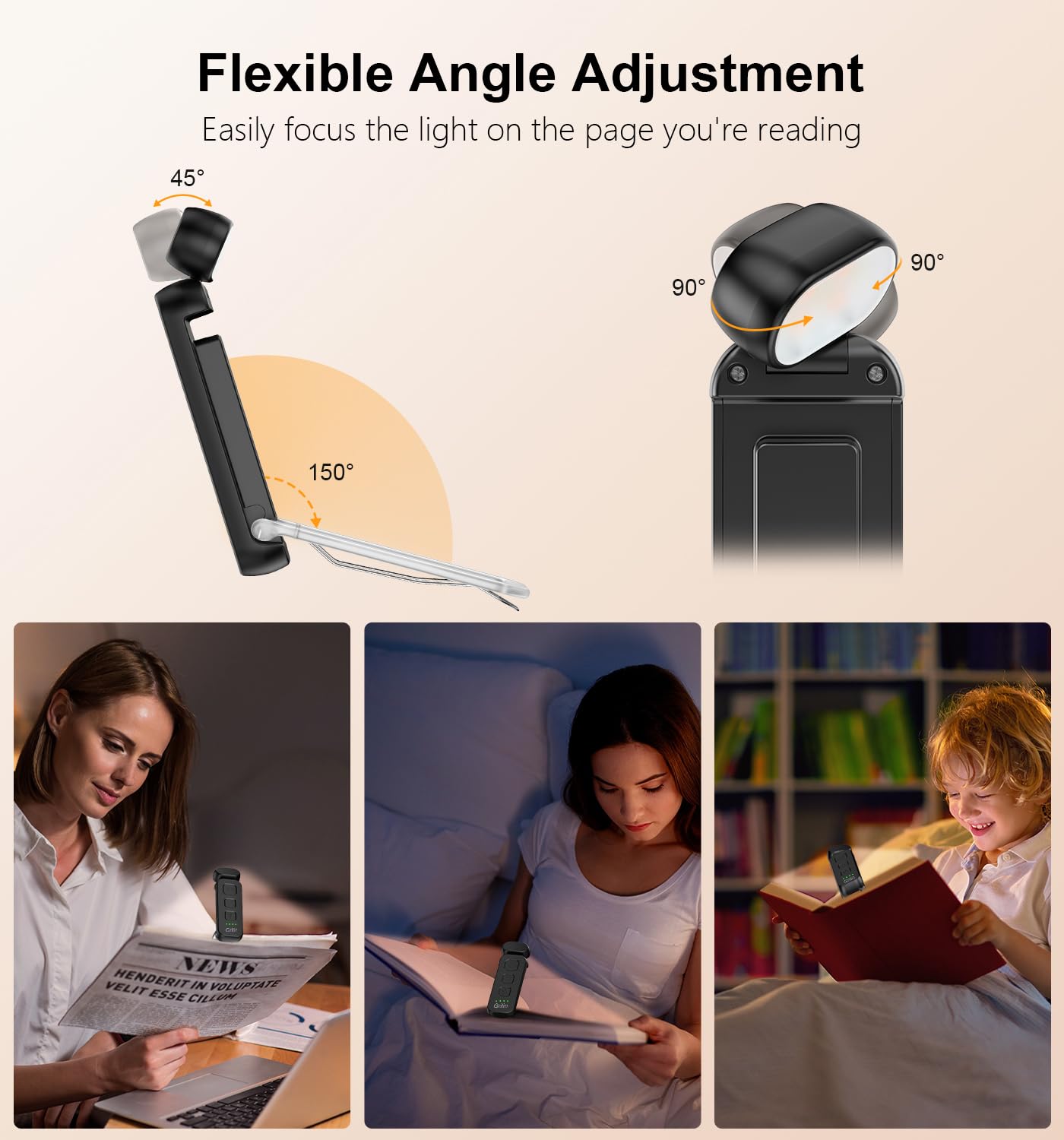 Gritin Reading Light, Rechargeable Book Light for Reading in Bed - Eye Caring 3 Color Temperatures, 5-Level Dimmable Brightness, Long Lasting, Compact Size Clip on Book Lamp for Bookworms-Black - 4