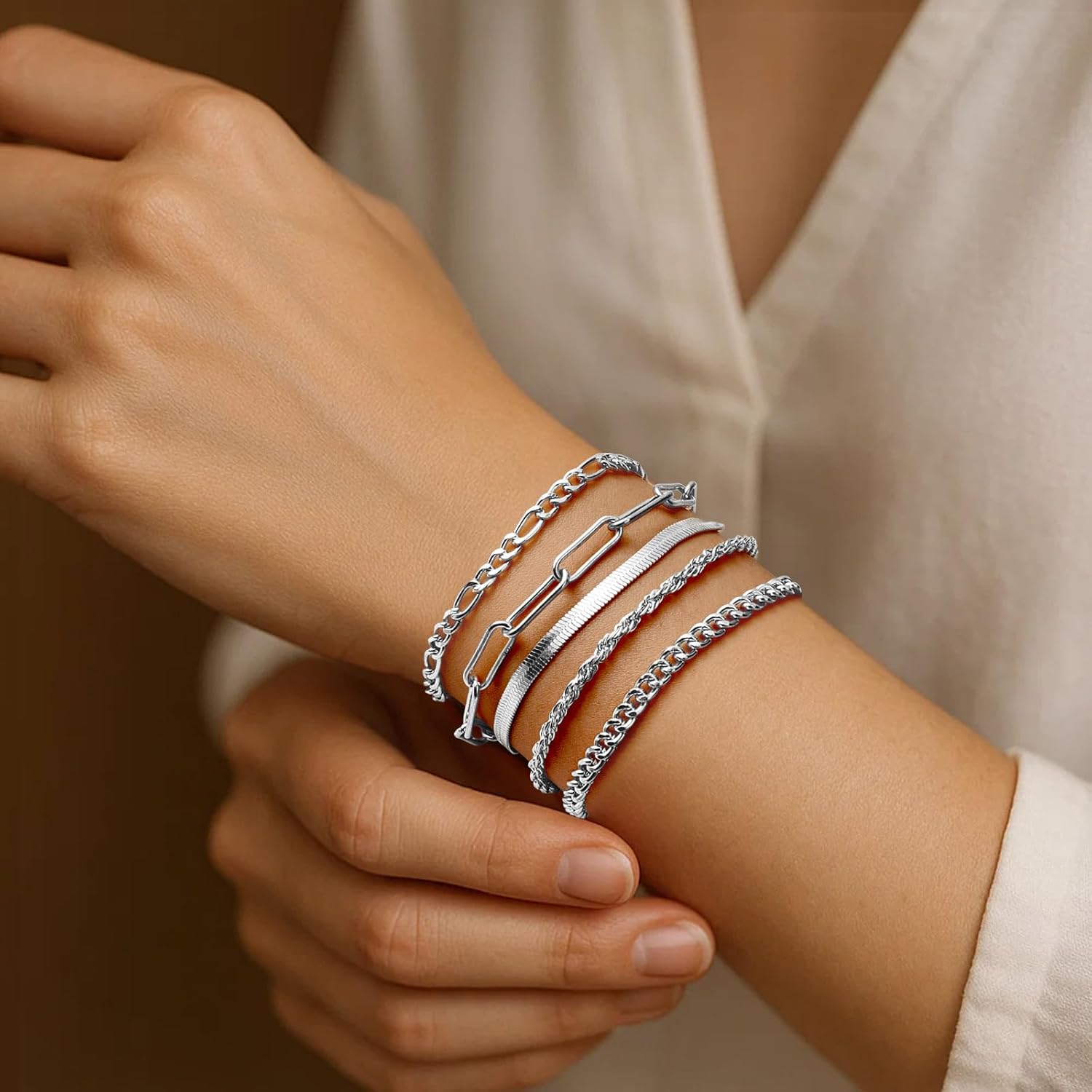 Thin Stacked Bracelets Paperclip Set Hand Chain Cuban Link for Women Jewelry Bracelet Pack Fashion Accessories - Gold & Silver - Image 3