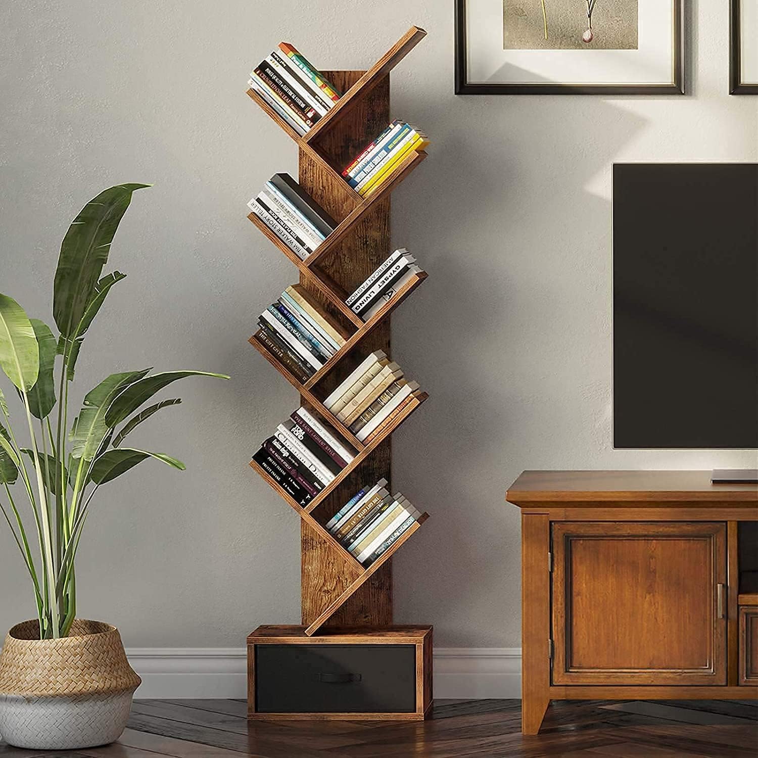 Solid Sheesham Wood Corner Book Shelf Wooden | Bookshelf for Home | Tree Book Shelf | Bookcase with Open 8 Shelf & One Drawer Storage | Tall Display Unit Book Stand | Rosewood, Honey Finish