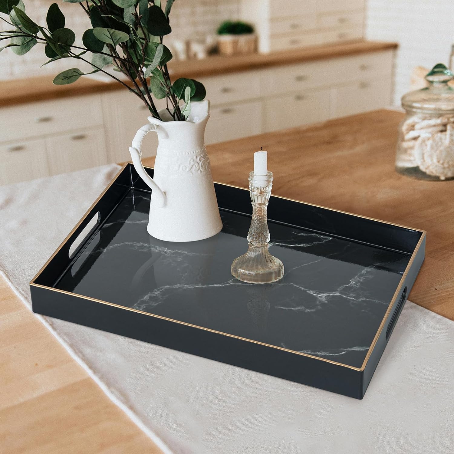 Serving Tray, Marble Plastic Food Trays for Eating on Lap Decor Coffee Tray with Handles Rectangular Non-Slip Candle Plate, 15.7"x11.8"x1.6" Large Drinks Platter for Kitchen/Living Room/Bedroom