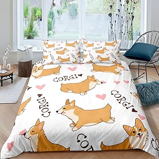 Erosebridal Kid Corgi Dog Duvet Cover Cute Puppy Bedding Set Cartoon Pet Dog Happy Farm Animal Love Pattern Quilt Cover, 3 Pieces Comforter Cover with 2 Pillow Shams, Queen Size, White
