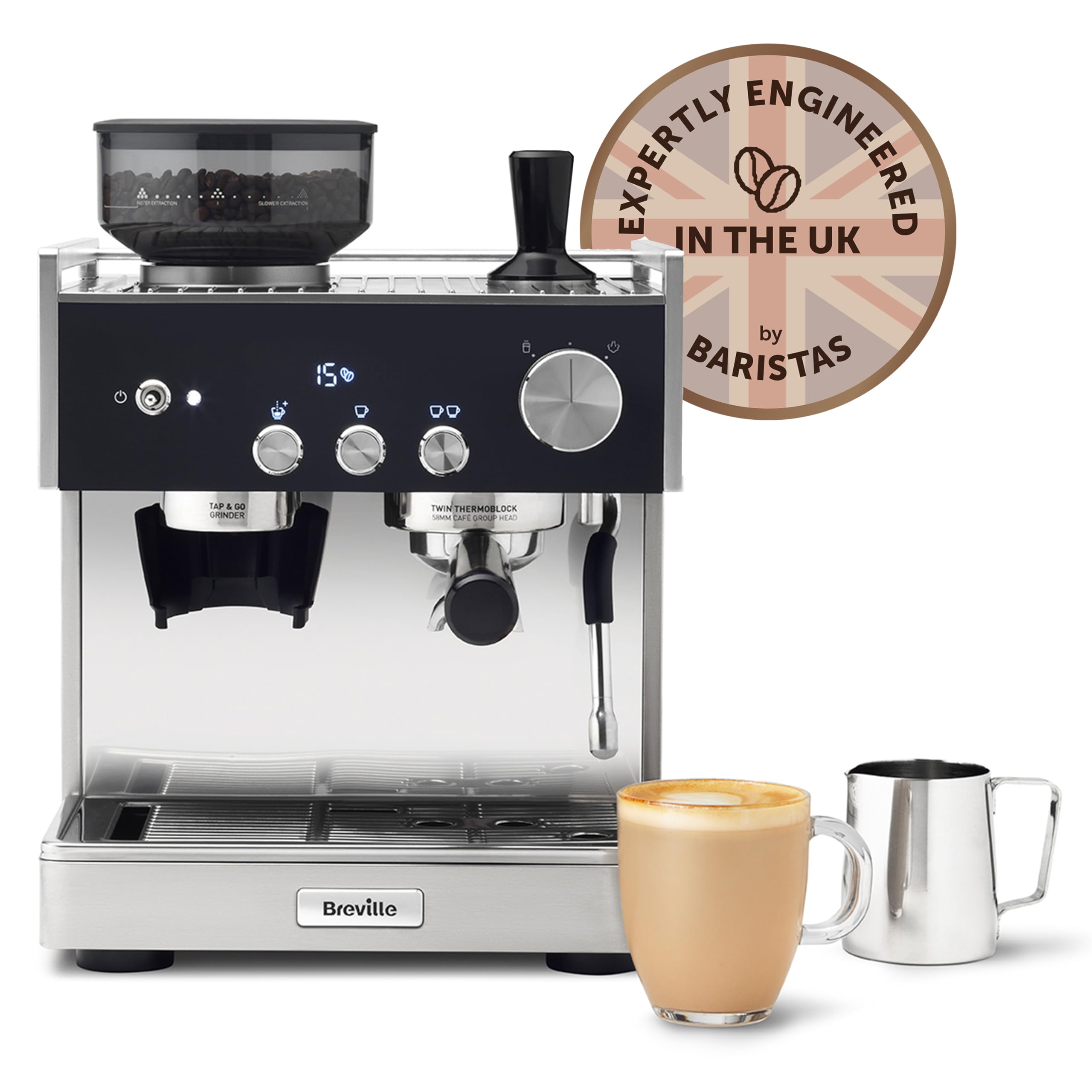 Barista Signature Espresso Machine | Bean to Cup Coffee Maker with Integrated Coffee Grinder & Milk Frother | 15 Bar Italian Pump | Stainless Steel [VCF160]