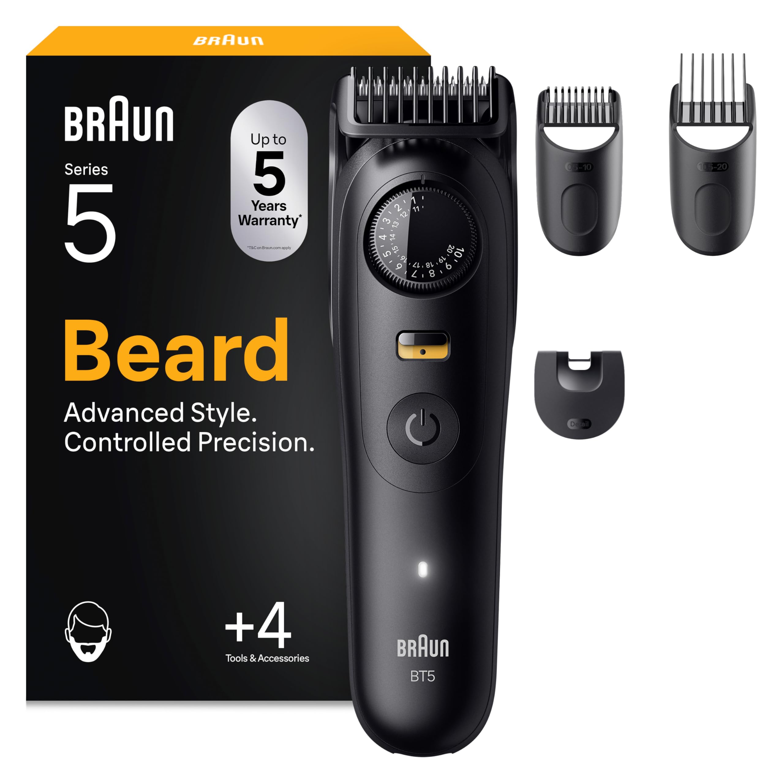 Braun Tondeuse Barbe Homme Series 5 BT5520, Noire – Etanche, Batterie Rechargeable, sans Fil, 40 Longueurs, Lame Ultra Affutée, Coffret avec +4 Outils de Barbier