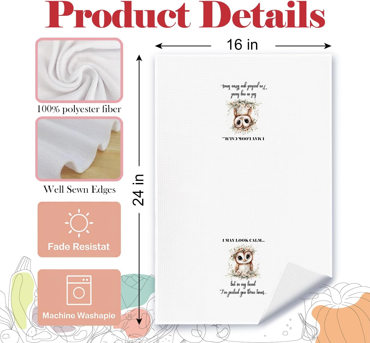 Funny Owl Kitchen Towels, Gifts for Owls Lovers Dish Tea Towels, I May Look Calm Humorous Daisy Floral Owl Decorative Hand Towel for Bathroom Kitchen, 16x24 Inch - Image 6