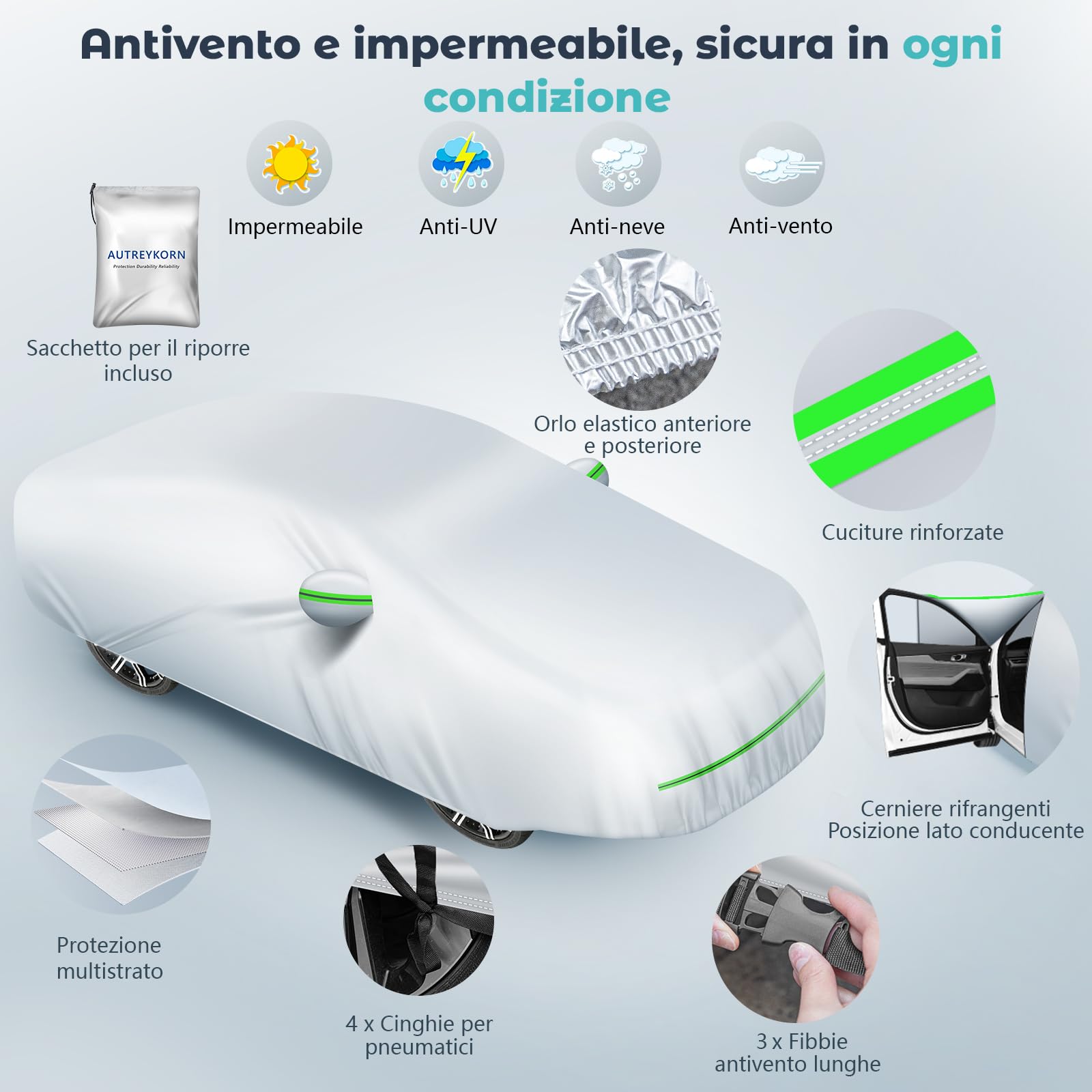 Telo Copriauto Impermeabile Anti UV Anti Vento e Antipolvere con Zip Laterale, Telo per Auto 460x185x160 cm Argento per Mid-size Car (Segmento D)