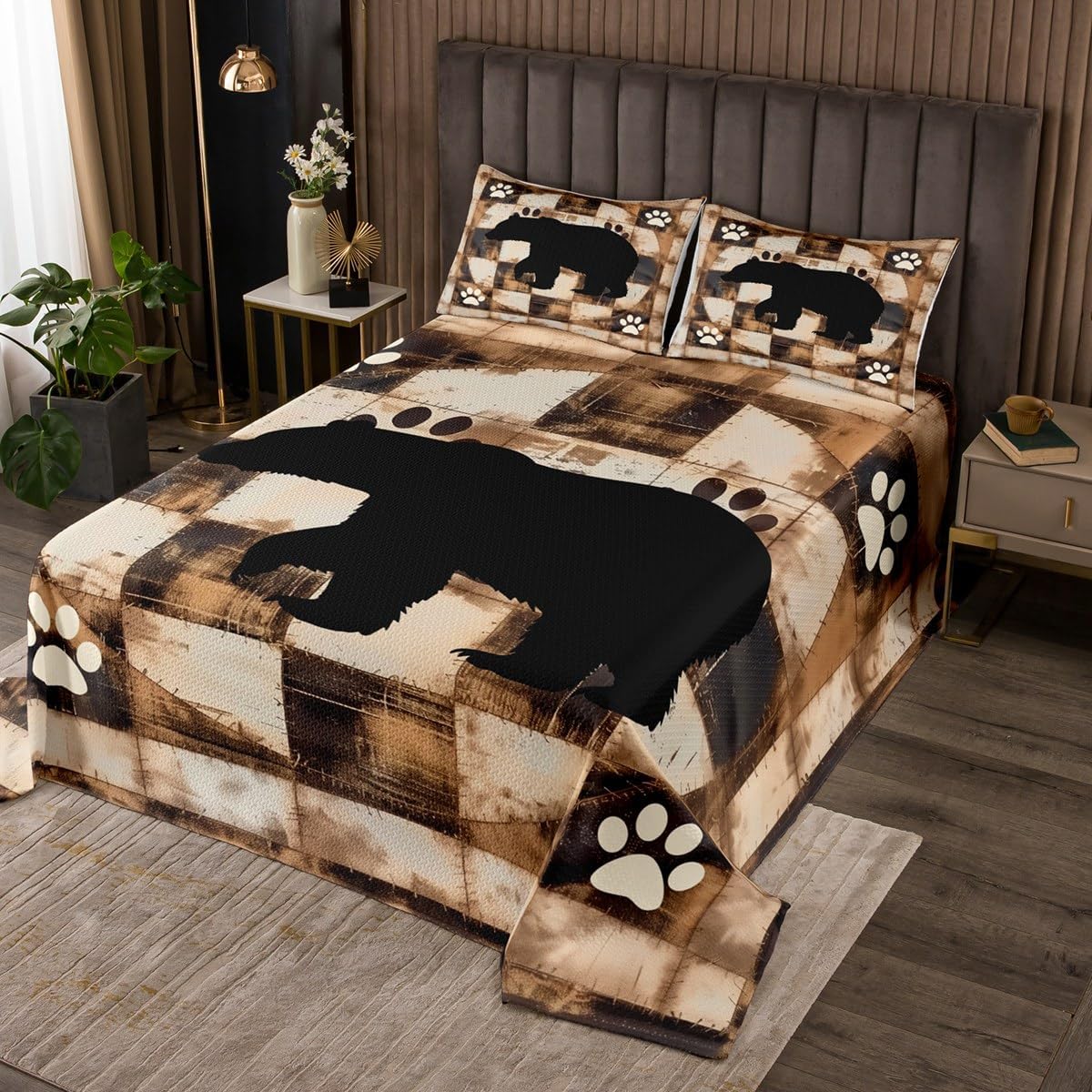 jejeloiu Rustic Bear Bedspread Wildlife Hunting Theme Bedspread for Kids Boys Girls Wild Animal Fur Coverlet Set Bear Paw Print Quilted Bedroom Collection 3Pcs Queen Size