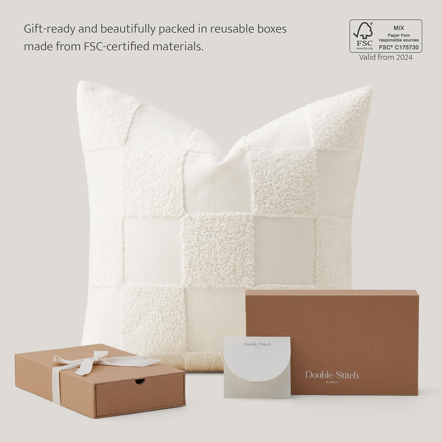 Double Stitch Checkered Throw Pillow Covers - 100% Cotton Tufted Boho Decorative Pillow Covers 20x20, Made in India, Square Plaid Cushion Case, Modern Home Decor for Couch, Sofa, Living Room, Cream - Image 6