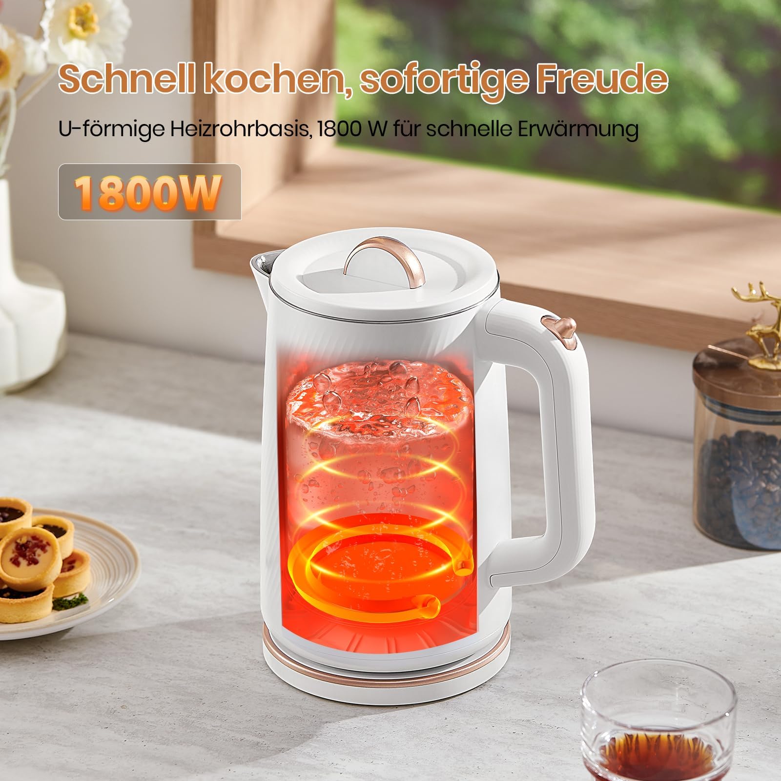 OLEGA Hervidor de agua: 1800 W, calentador rápido, tetera eléctrica de acero inoxidable 304, sin BPA, hervidor eléctrico con apagado automático y protección contra ebullición en seco, 1,8 L, color