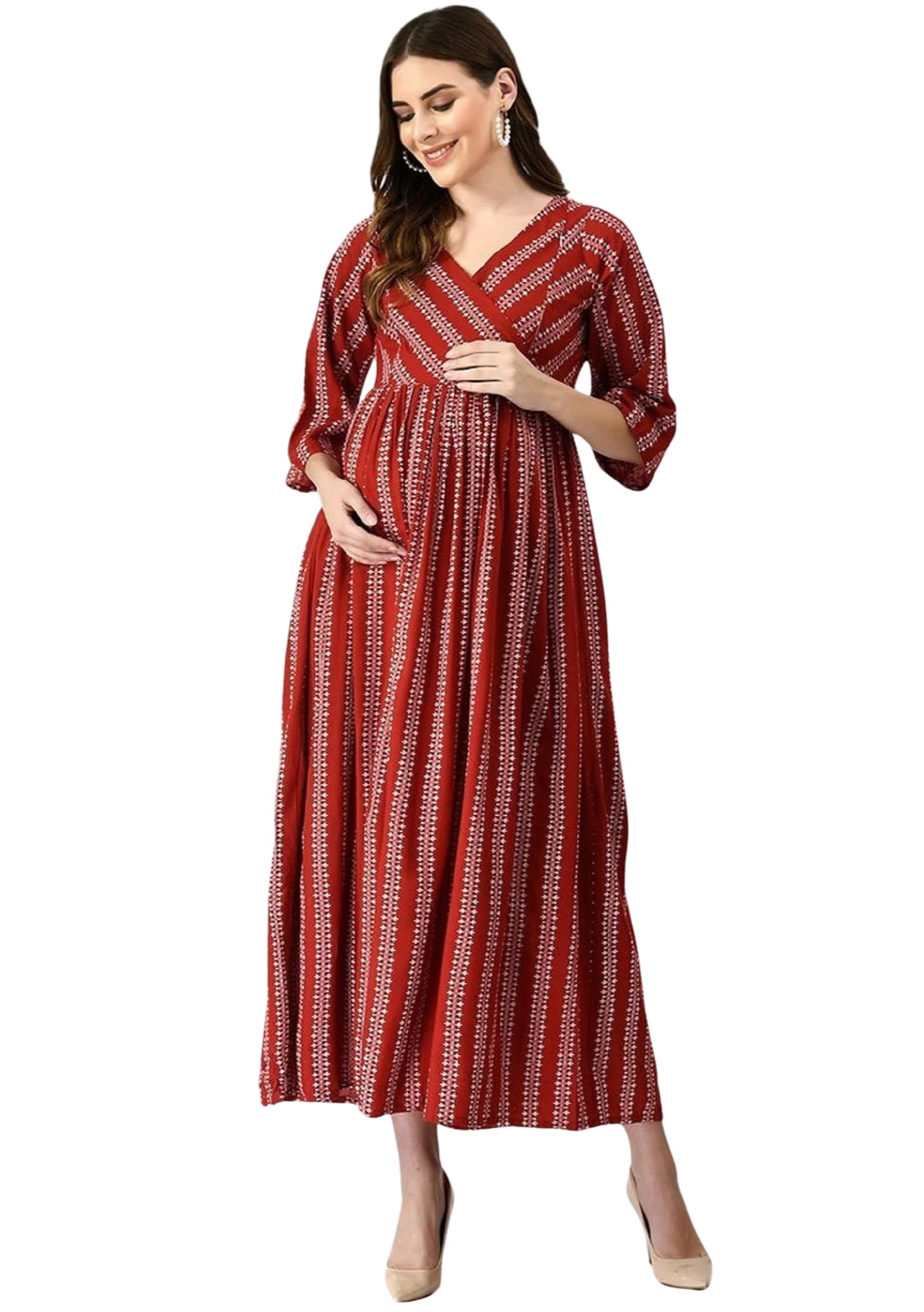 Women's Rayon Fabric 3/4 Sleeves V-Neck Printed Maternity Kurti with Zipper-image-25