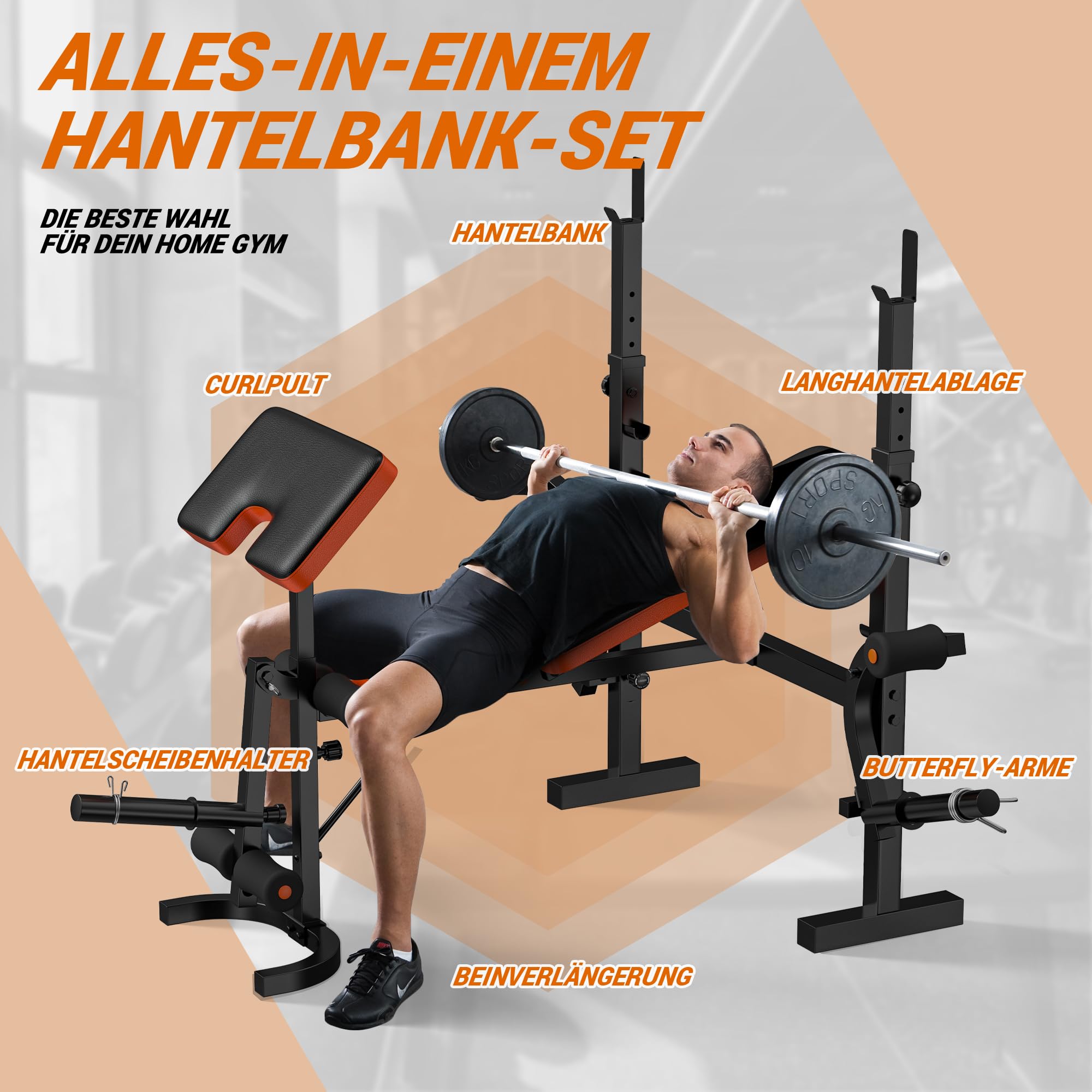 XDDIAS Hantelbank Verstellbar für Zuhause, Flach-/Schrägbank mit Squat Rack,Curlpult & Beinstrecker, Langhantelbank für Krafttraining, 350 kg Belastbarkeit