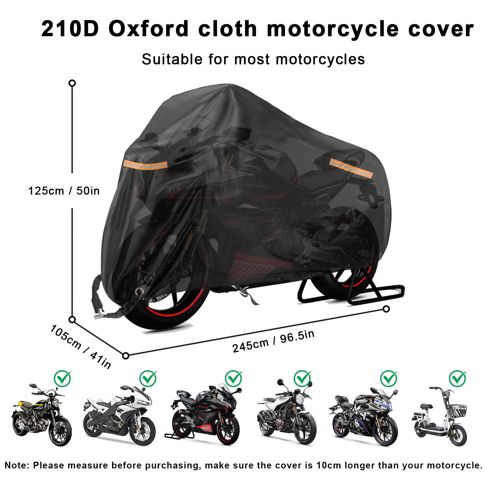 USHOP Funda para Moto Exterior XXL,Funda Moto,Tejido Oxford 210D,protección UV,con Bandas Reflectantes,Orificio para candado y Correas antiviento,para Motos,Scooter(245x105x125 cm)