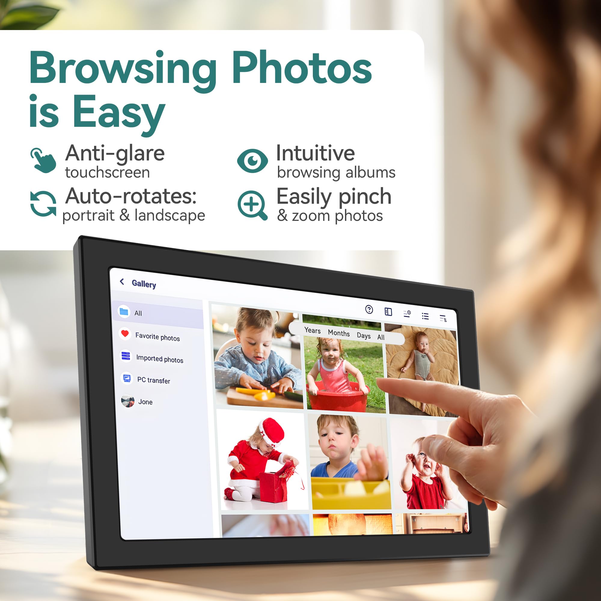 XORO Cornice digitale WiFi da 10,1 pollici, 1280 x 800 HD, display IPS Touch da 16 GB, rotazione automatica, condividi foto istantaneamente da qualsiasi luogo